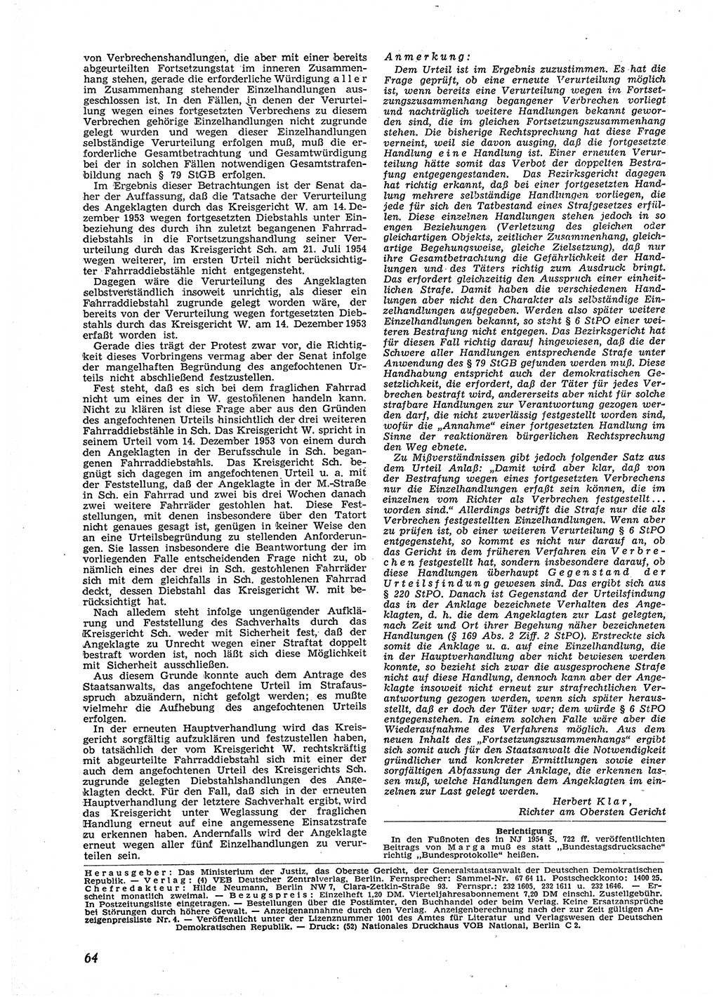 Neue Justiz (NJ), Zeitschrift für Recht und Rechtswissenschaft [Deutsche Demokratische Republik (DDR)], 9. Jahrgang 1955, Seite 64 (NJ DDR 1955, S. 64)