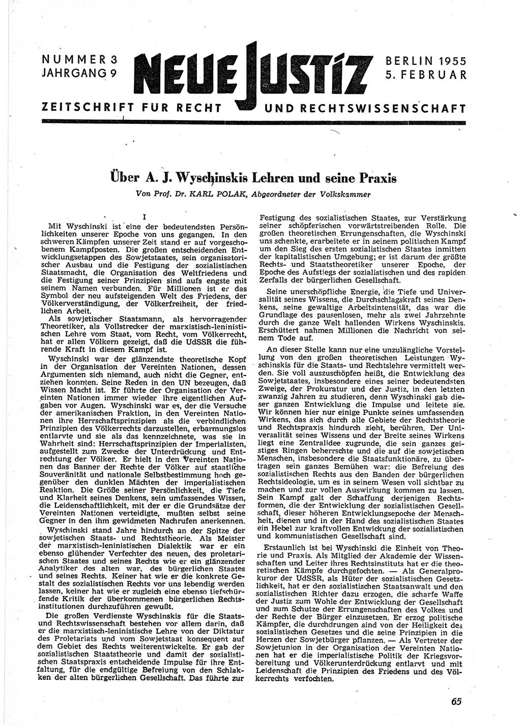 Neue Justiz (NJ), Zeitschrift für Recht und Rechtswissenschaft [Deutsche Demokratische Republik (DDR)], 9. Jahrgang 1955, Seite 65 (NJ DDR 1955, S. 65)