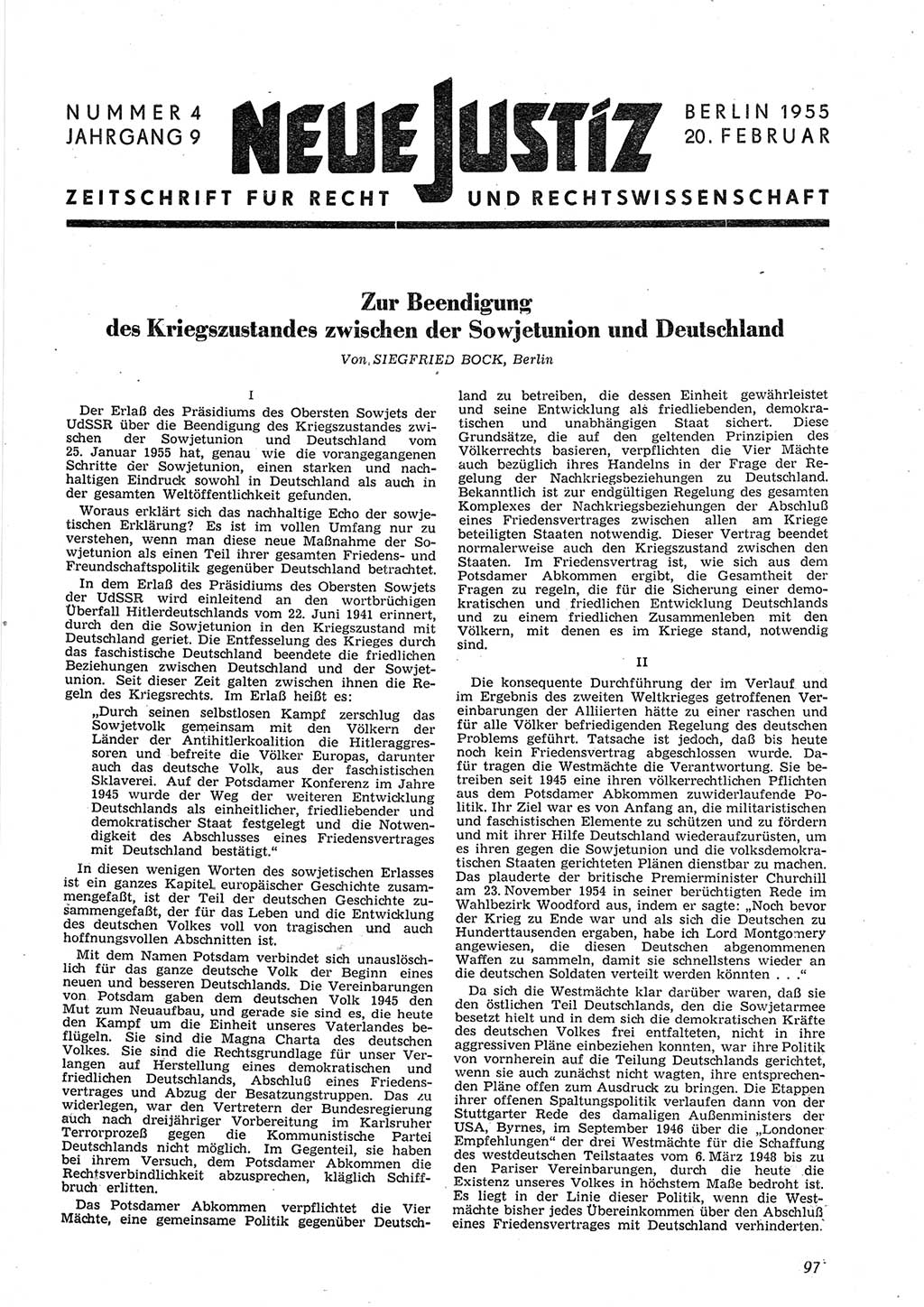 Neue Justiz (NJ), Zeitschrift für Recht und Rechtswissenschaft [Deutsche Demokratische Republik (DDR)], 9. Jahrgang 1955, Seite 97 (NJ DDR 1955, S. 97)