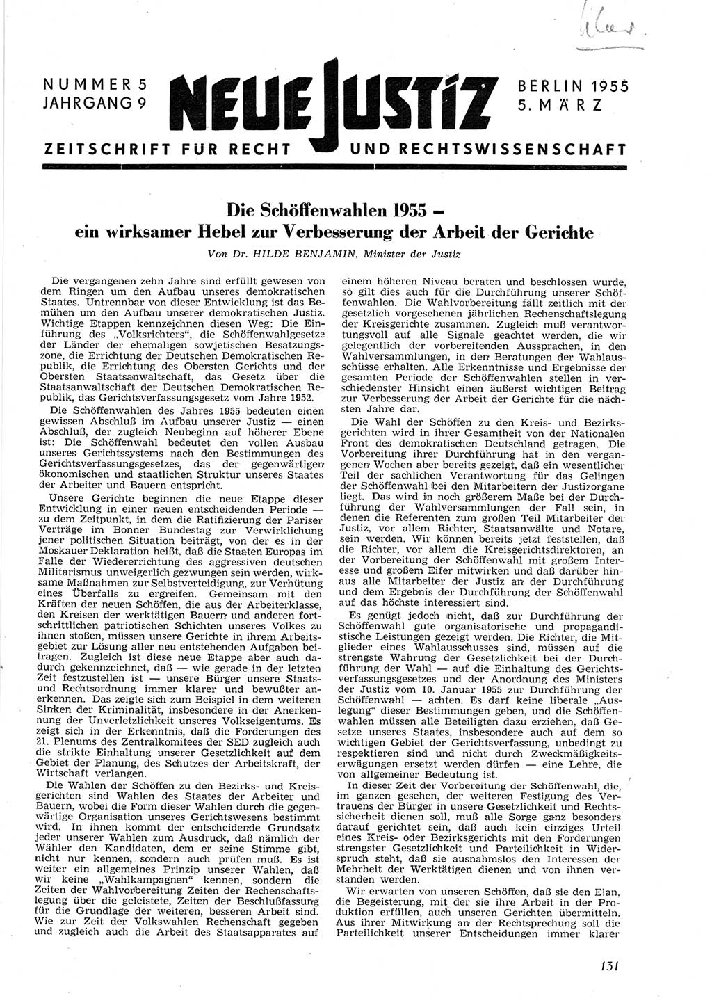 Neue Justiz (NJ), Zeitschrift für Recht und Rechtswissenschaft [Deutsche Demokratische Republik (DDR)], 9. Jahrgang 1955, Seite 131 (NJ DDR 1955, S. 131)