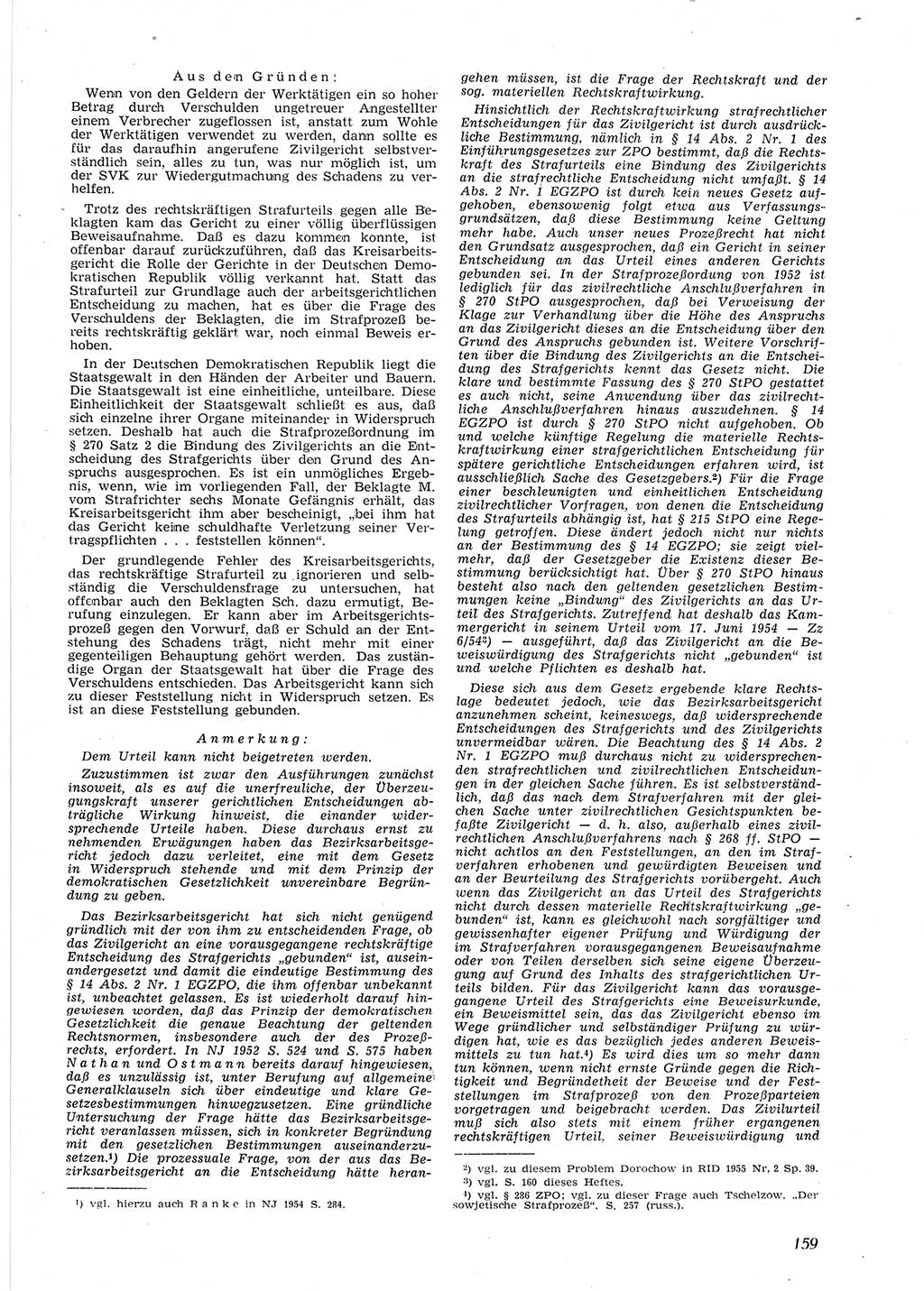 Neue Justiz (NJ), Zeitschrift für Recht und Rechtswissenschaft [Deutsche Demokratische Republik (DDR)], 9. Jahrgang 1955, Seite 159 (NJ DDR 1955, S. 159)