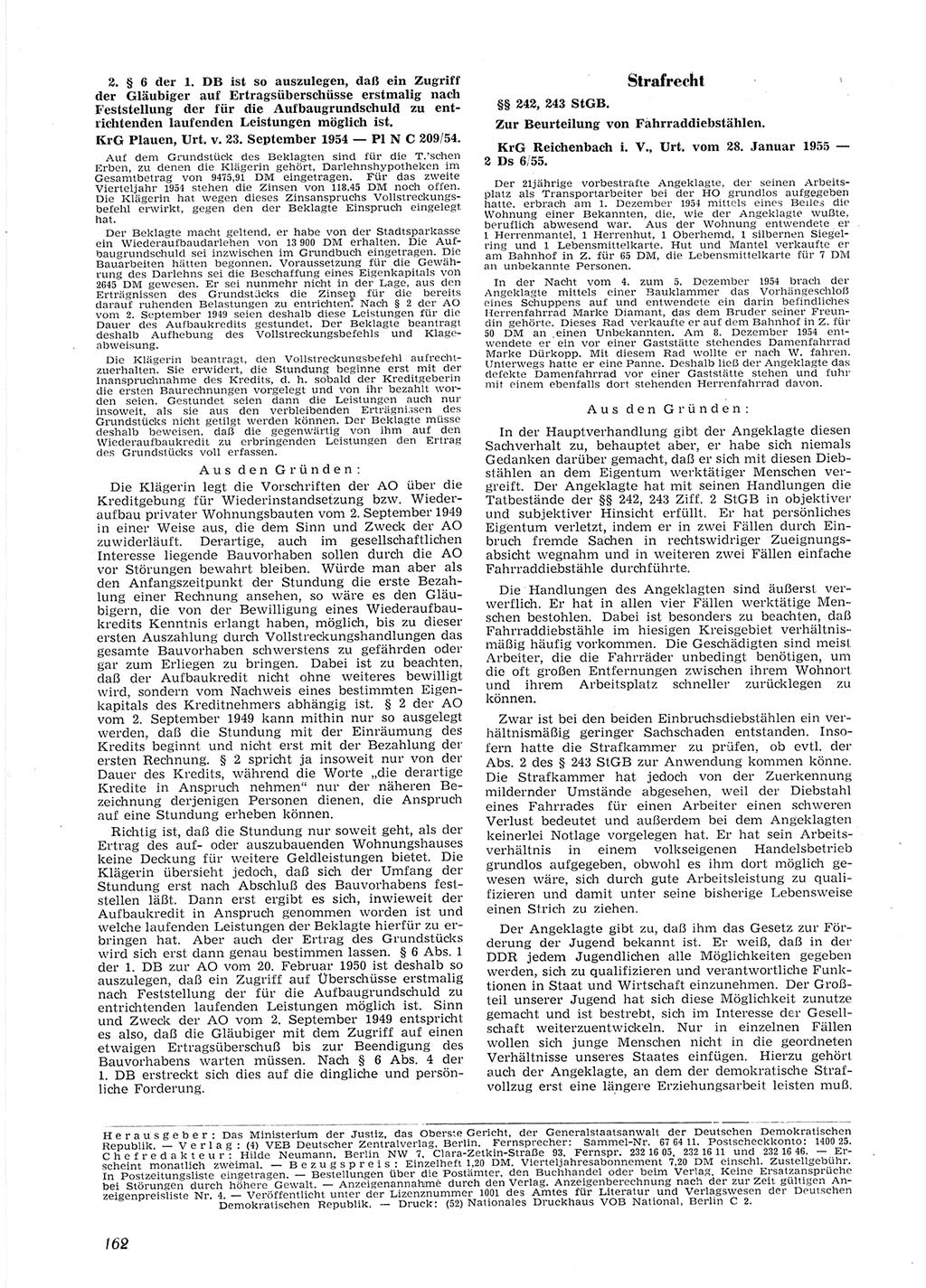 Neue Justiz (NJ), Zeitschrift für Recht und Rechtswissenschaft [Deutsche Demokratische Republik (DDR)], 9. Jahrgang 1955, Seite 162 (NJ DDR 1955, S. 162)