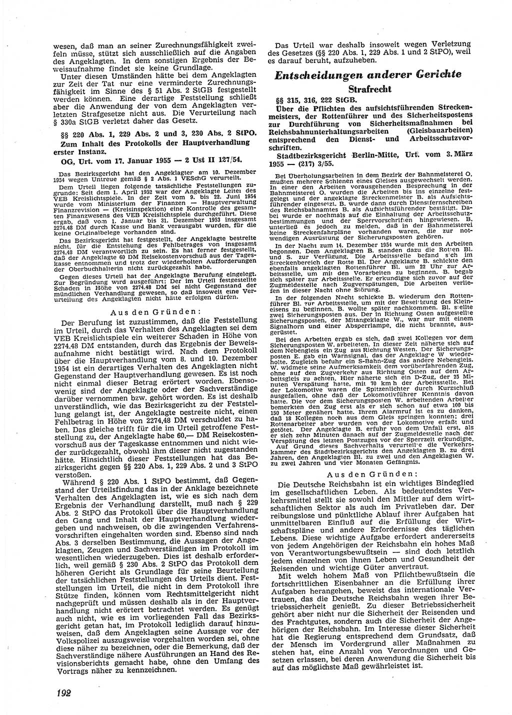 Neue Justiz (NJ), Zeitschrift für Recht und Rechtswissenschaft [Deutsche Demokratische Republik (DDR)], 9. Jahrgang 1955, Seite 192 (NJ DDR 1955, S. 192)