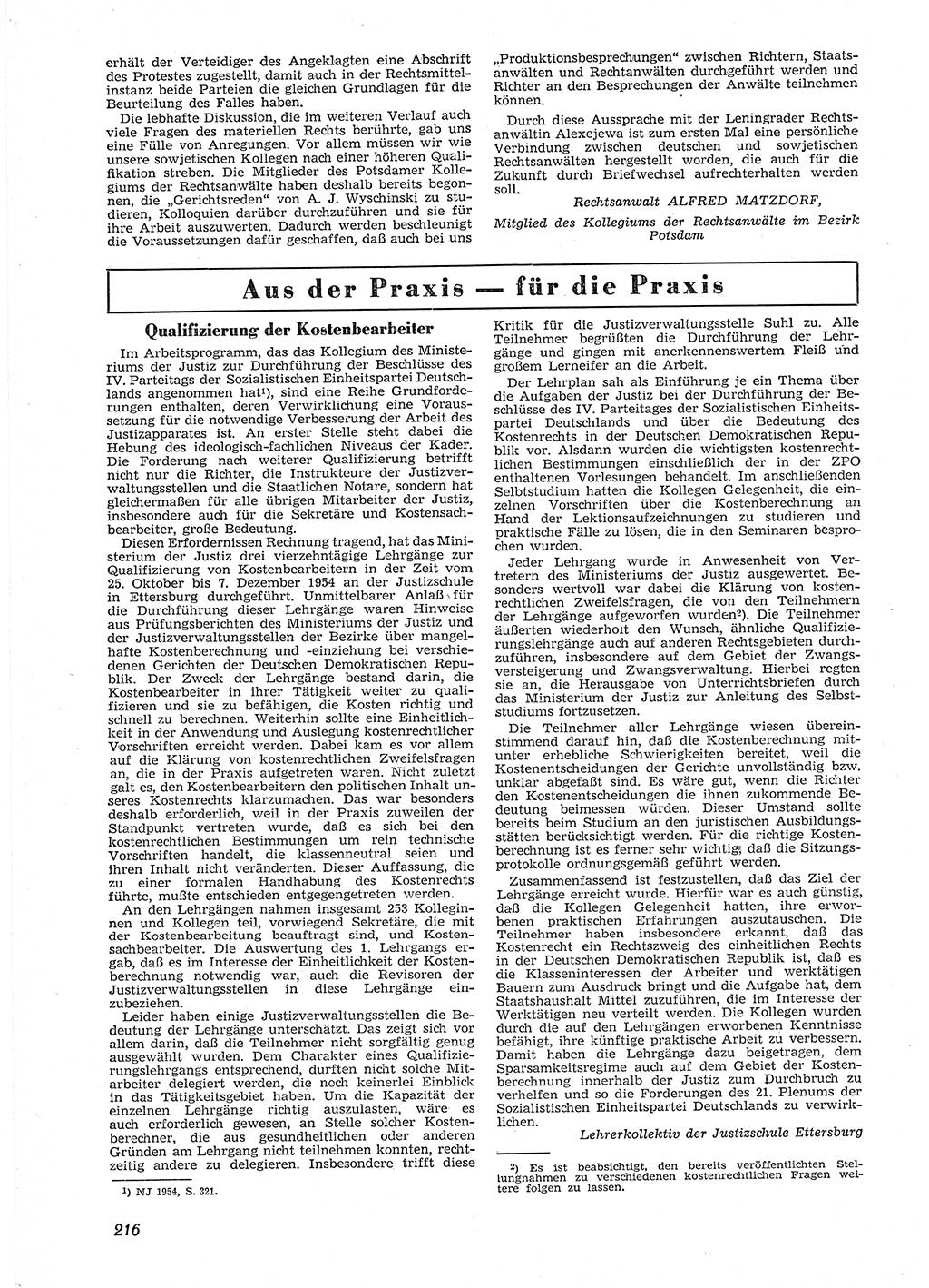 Neue Justiz (NJ), Zeitschrift für Recht und Rechtswissenschaft [Deutsche Demokratische Republik (DDR)], 9. Jahrgang 1955, Seite 216 (NJ DDR 1955, S. 216)