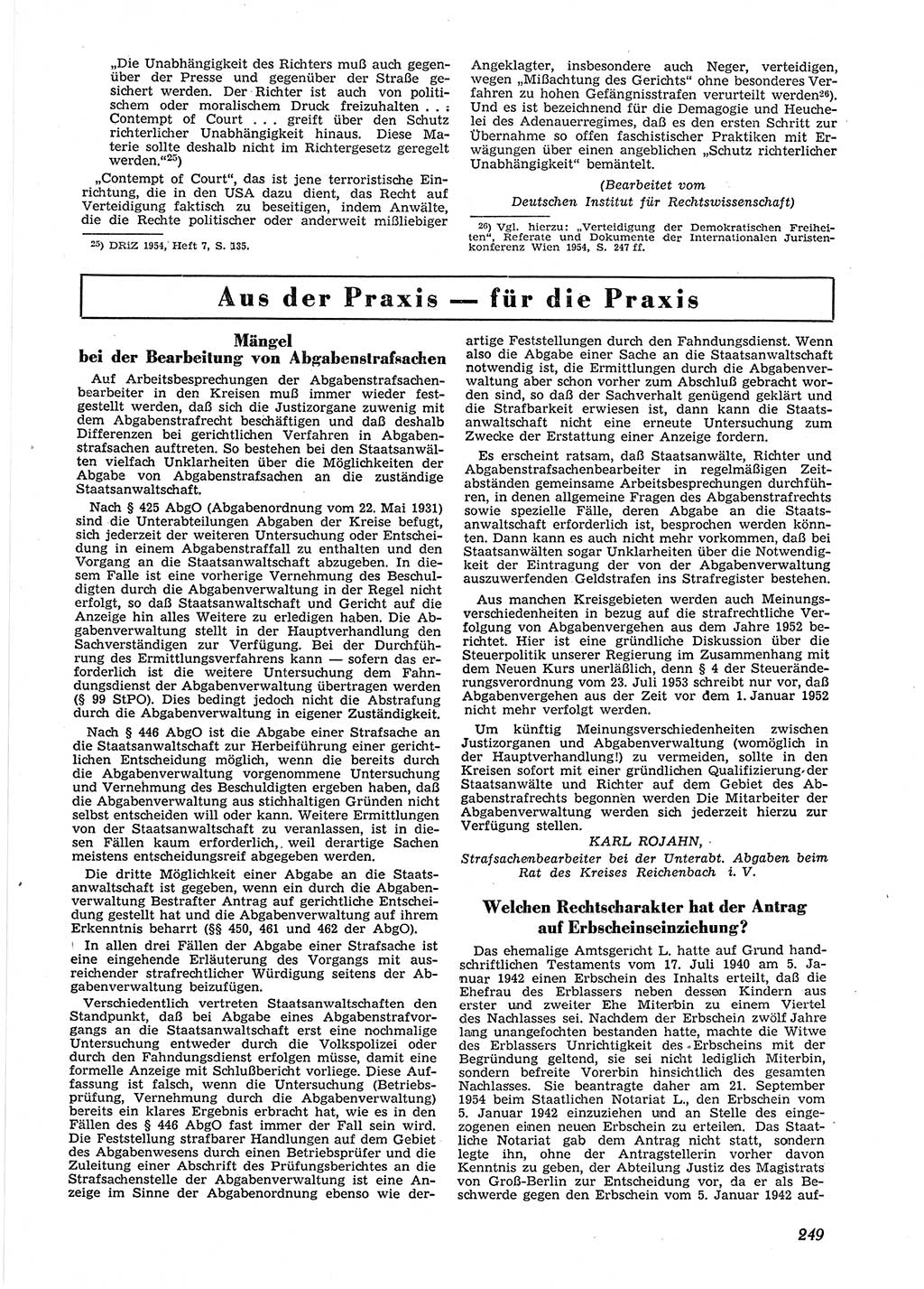 Neue Justiz (NJ), Zeitschrift für Recht und Rechtswissenschaft [Deutsche Demokratische Republik (DDR)], 9. Jahrgang 1955, Seite 249 (NJ DDR 1955, S. 249)