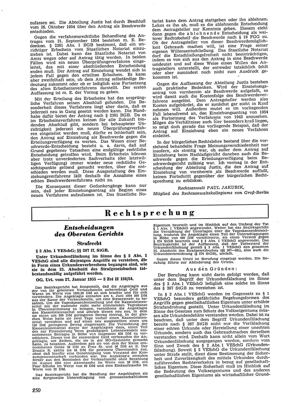 Neue Justiz (NJ), Zeitschrift für Recht und Rechtswissenschaft [Deutsche Demokratische Republik (DDR)], 9. Jahrgang 1955, Seite 250 (NJ DDR 1955, S. 250)