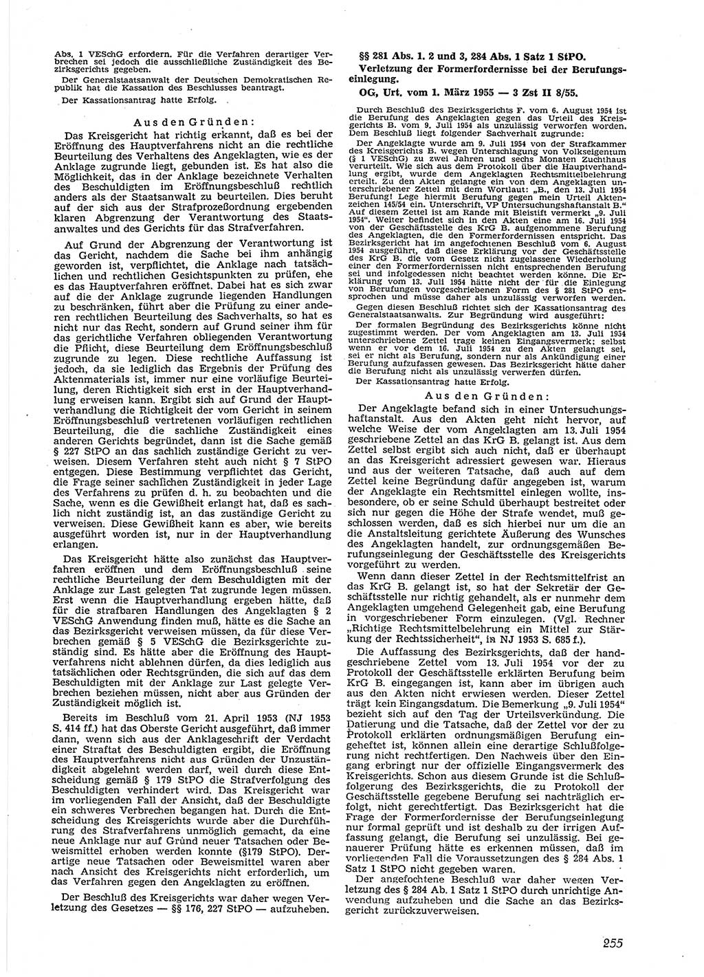 Neue Justiz (NJ), Zeitschrift für Recht und Rechtswissenschaft [Deutsche Demokratische Republik (DDR)], 9. Jahrgang 1955, Seite 255 (NJ DDR 1955, S. 255)
