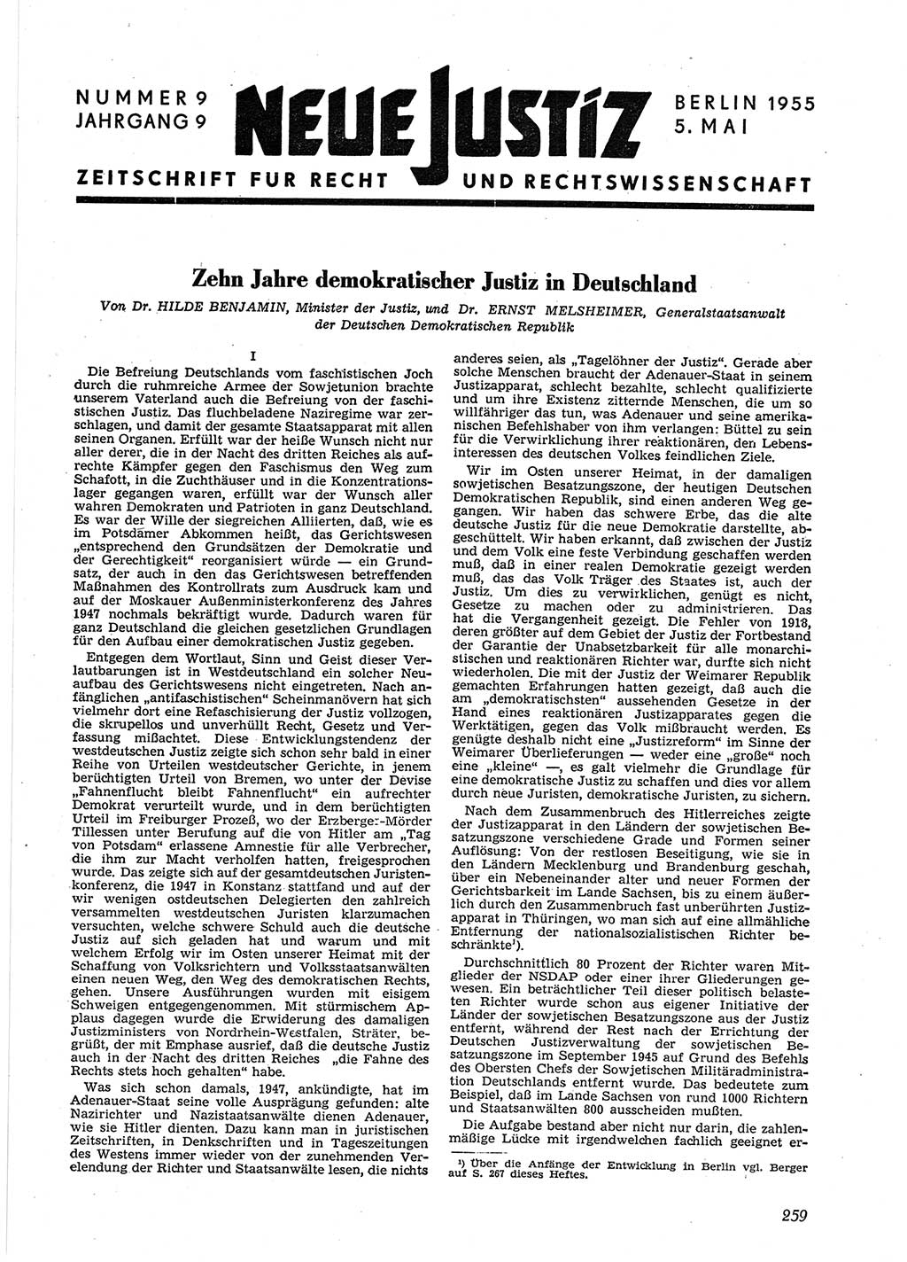 Neue Justiz (NJ), Zeitschrift für Recht und Rechtswissenschaft [Deutsche Demokratische Republik (DDR)], 9. Jahrgang 1955, Seite 259 (NJ DDR 1955, S. 259)