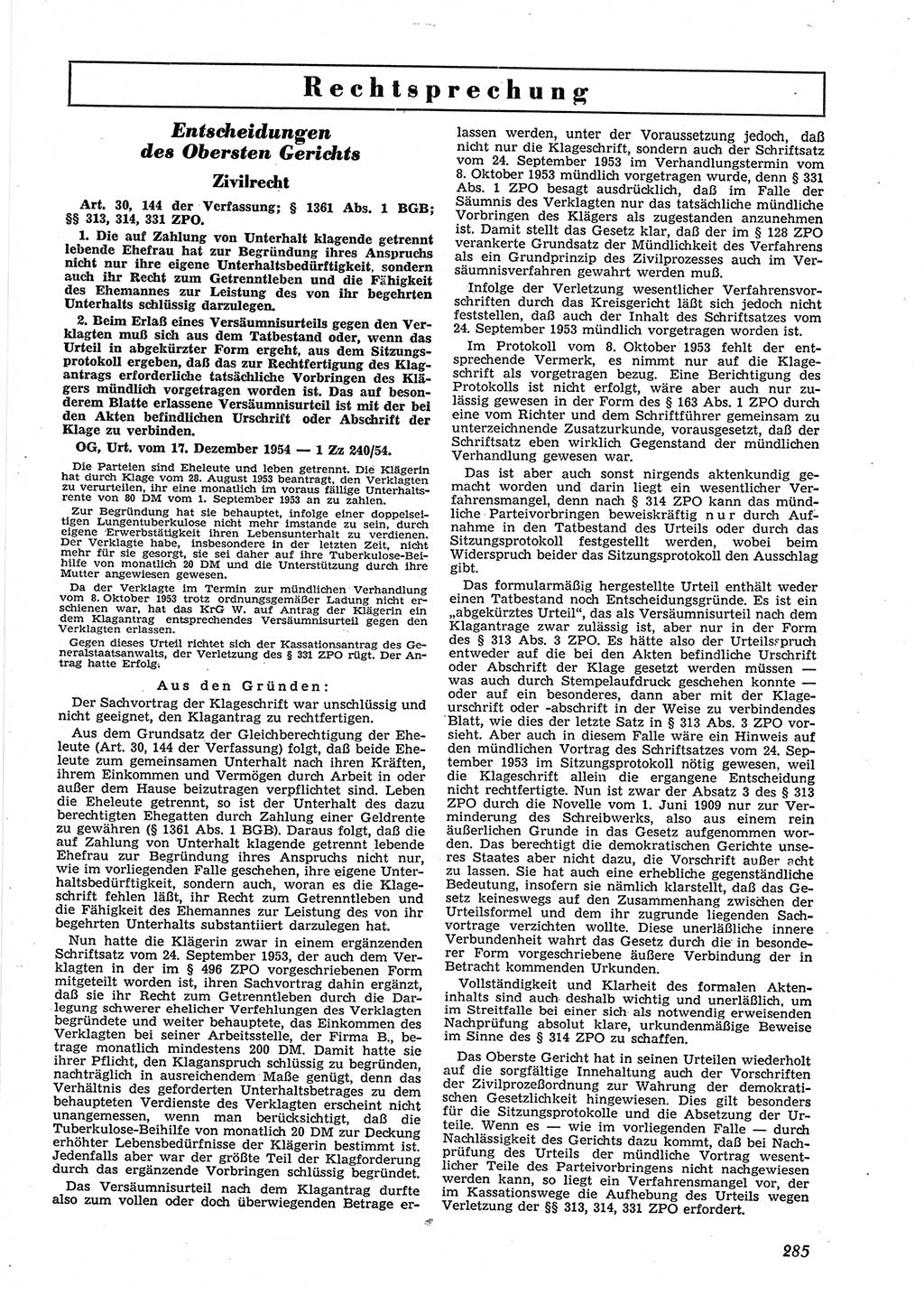 Neue Justiz (NJ), Zeitschrift für Recht und Rechtswissenschaft [Deutsche Demokratische Republik (DDR)], 9. Jahrgang 1955, Seite 285 (NJ DDR 1955, S. 285)