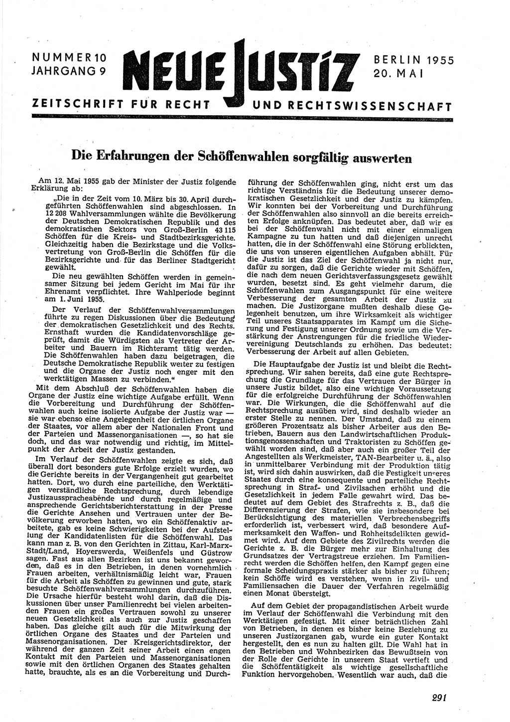 Neue Justiz (NJ), Zeitschrift für Recht und Rechtswissenschaft [Deutsche Demokratische Republik (DDR)], 9. Jahrgang 1955, Seite 291 (NJ DDR 1955, S. 291)