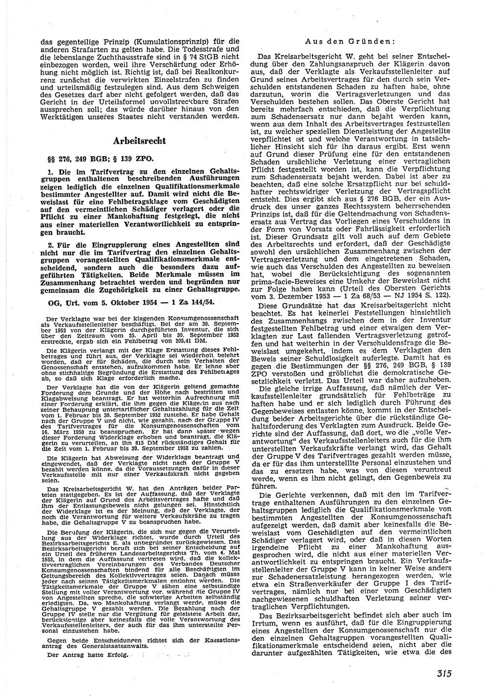 Neue Justiz (NJ), Zeitschrift für Recht und Rechtswissenschaft [Deutsche Demokratische Republik (DDR)], 9. Jahrgang 1955, Seite 315 (NJ DDR 1955, S. 315)