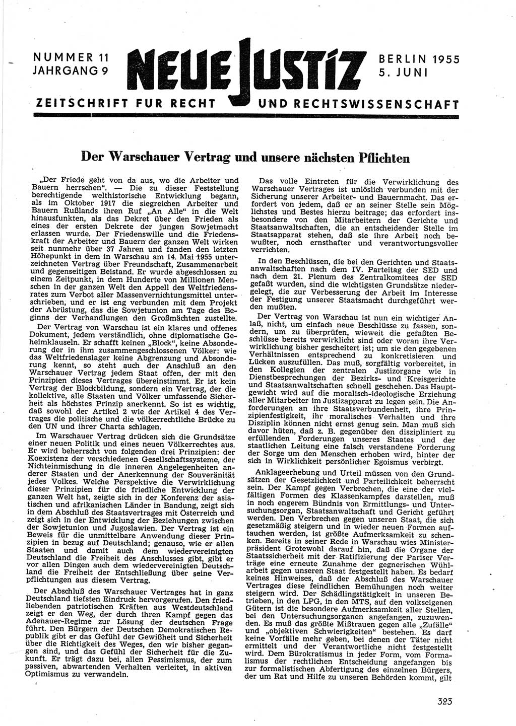 Neue Justiz (NJ), Zeitschrift für Recht und Rechtswissenschaft [Deutsche Demokratische Republik (DDR)], 9. Jahrgang 1955, Seite 323 (NJ DDR 1955, S. 323)
