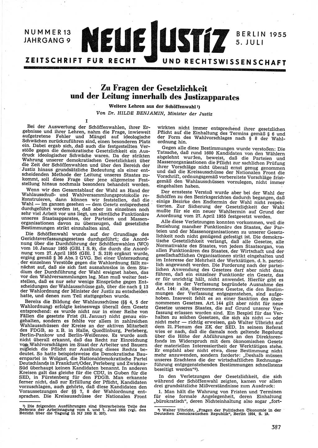 Neue Justiz (NJ), Zeitschrift für Recht und Rechtswissenschaft [Deutsche Demokratische Republik (DDR)], 9. Jahrgang 1955, Seite 387 (NJ DDR 1955, S. 387)