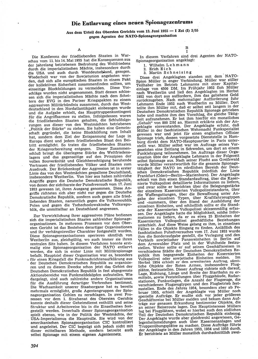 Neue Justiz (NJ), Zeitschrift für Recht und Rechtswissenschaft [Deutsche Demokratische Republik (DDR)], 9. Jahrgang 1955, Seite 394 (NJ DDR 1955, S. 394)