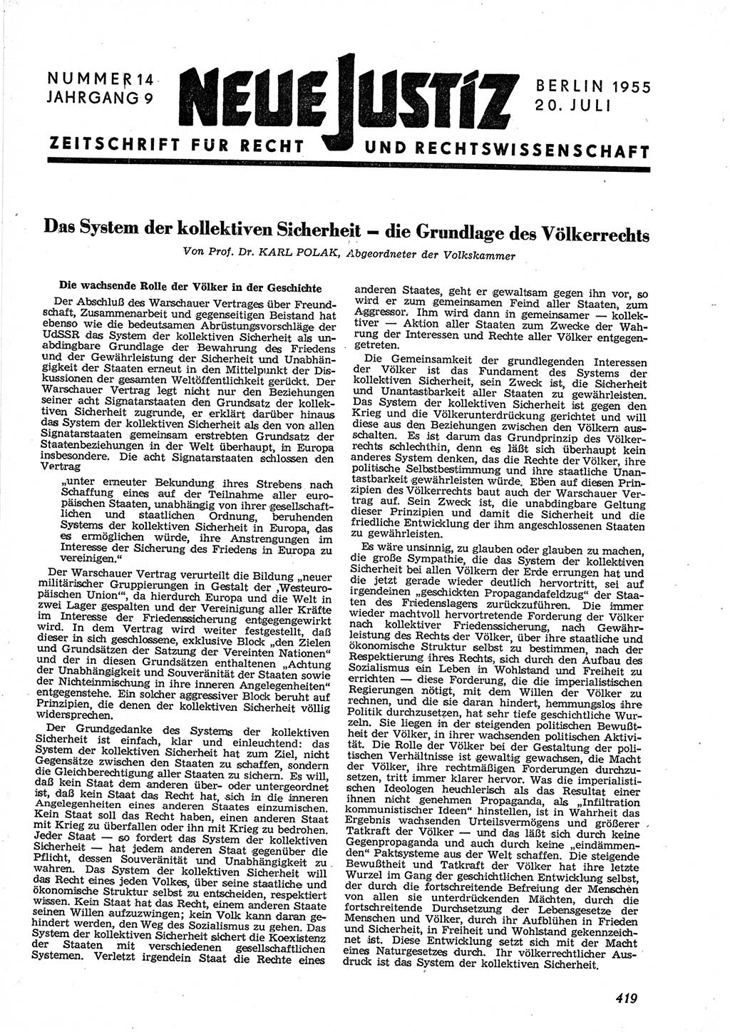 Neue Justiz (NJ), Zeitschrift für Recht und Rechtswissenschaft [Deutsche Demokratische Republik (DDR)], 9. Jahrgang 1955, Seite 419 (NJ DDR 1955, S. 419)