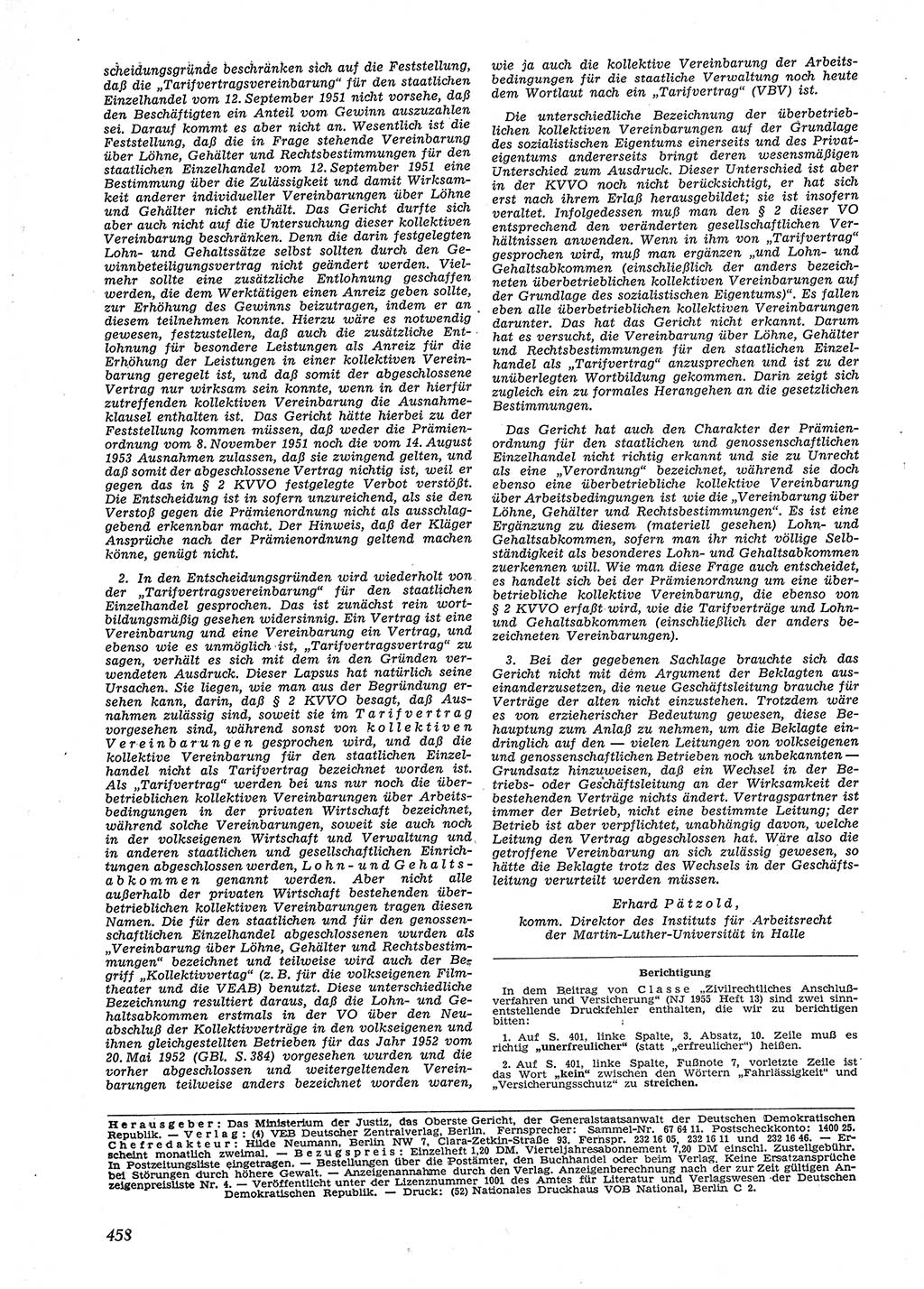 Neue Justiz (NJ), Zeitschrift für Recht und Rechtswissenschaft [Deutsche Demokratische Republik (DDR)], 9. Jahrgang 1955, Seite 458 (NJ DDR 1955, S. 458)