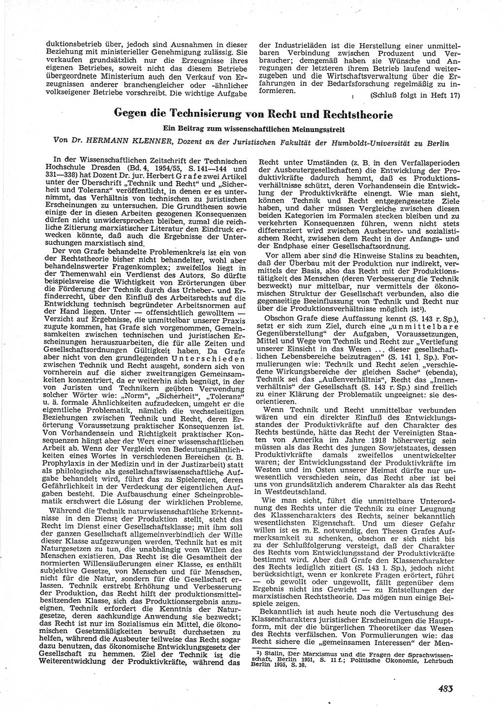 Neue Justiz (NJ), Zeitschrift für Recht und Rechtswissenschaft [Deutsche Demokratische Republik (DDR)], 9. Jahrgang 1955, Seite 483 (NJ DDR 1955, S. 483)