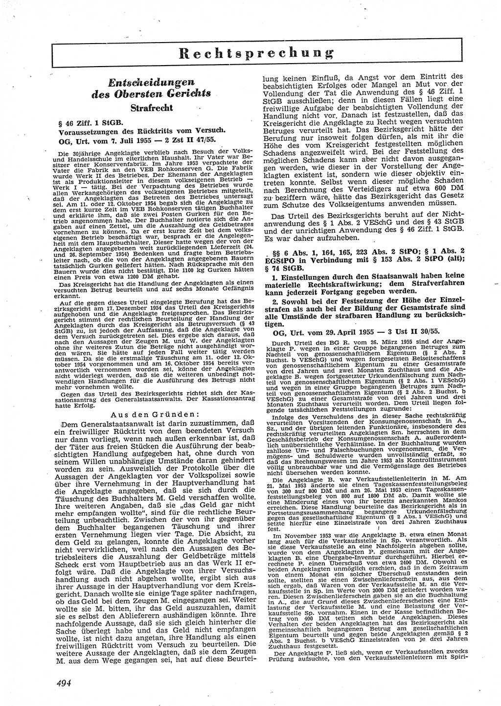 Neue Justiz (NJ), Zeitschrift für Recht und Rechtswissenschaft [Deutsche Demokratische Republik (DDR)], 9. Jahrgang 1955, Seite 494 (NJ DDR 1955, S. 494)