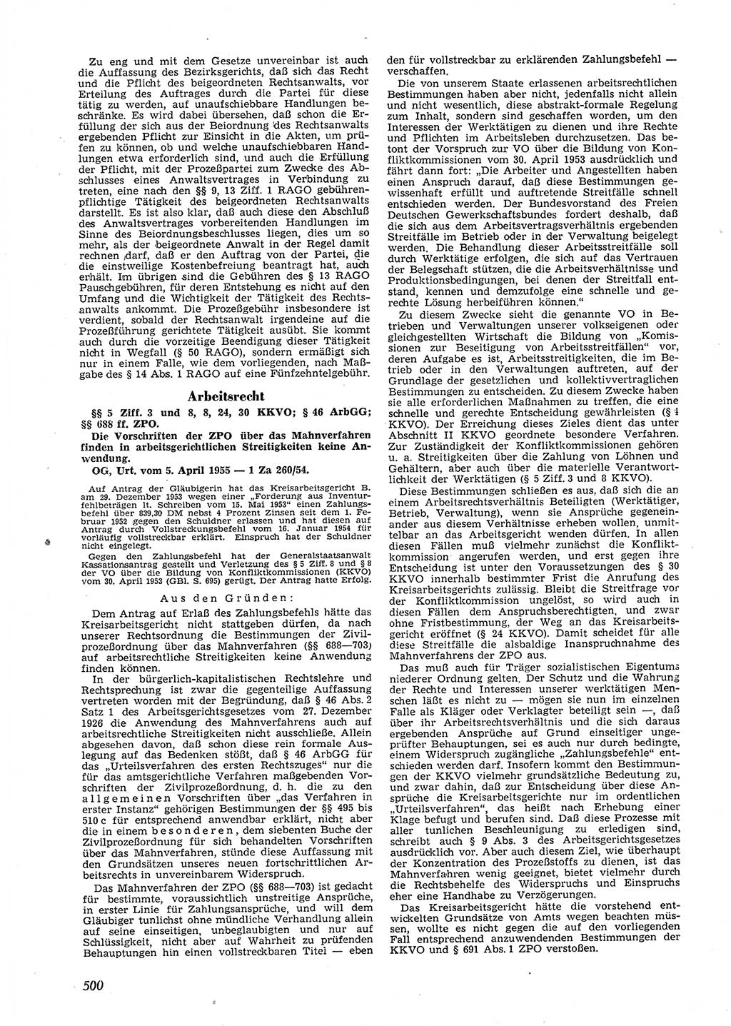 Neue Justiz (NJ), Zeitschrift für Recht und Rechtswissenschaft [Deutsche Demokratische Republik (DDR)], 9. Jahrgang 1955, Seite 500 (NJ DDR 1955, S. 500)