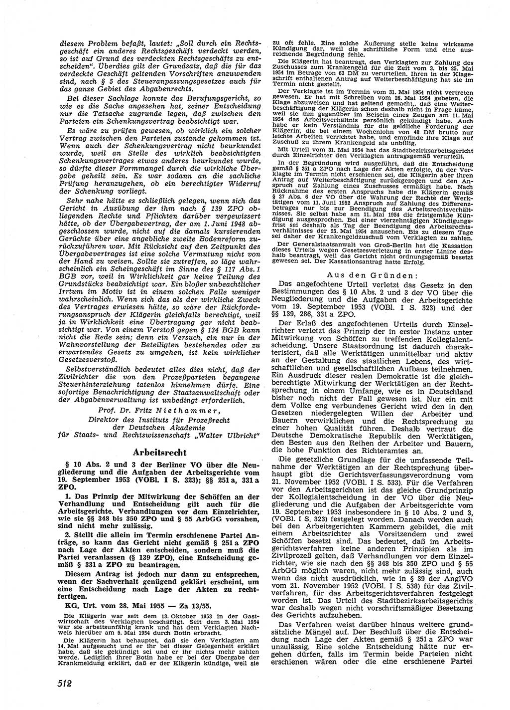 Neue Justiz (NJ), Zeitschrift für Recht und Rechtswissenschaft [Deutsche Demokratische Republik (DDR)], 9. Jahrgang 1955, Seite 512 (NJ DDR 1955, S. 512)