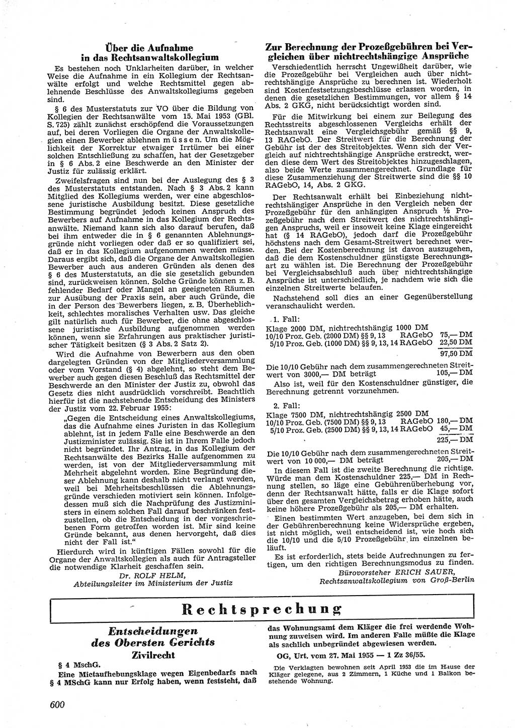 Neue Justiz (NJ), Zeitschrift für Recht und Rechtswissenschaft [Deutsche Demokratische Republik (DDR)], 9. Jahrgang 1955, Seite 600 (NJ DDR 1955, S. 600)