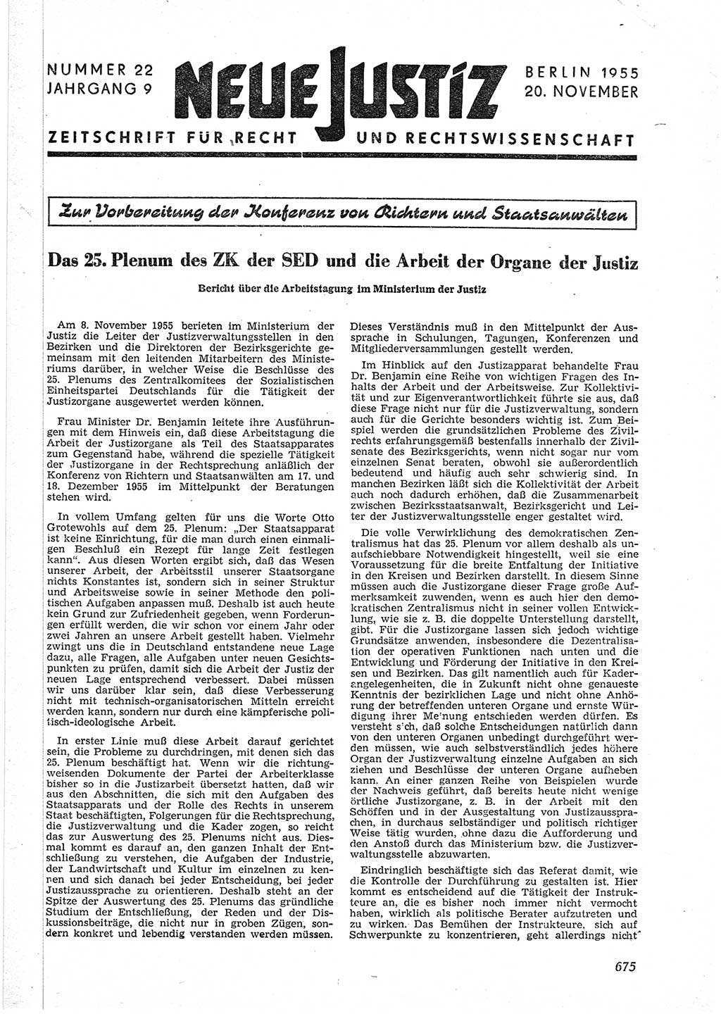 Neue Justiz (NJ), Zeitschrift für Recht und Rechtswissenschaft [Deutsche Demokratische Republik (DDR)], 9. Jahrgang 1955, Seite 675 (NJ DDR 1955, S. 675)