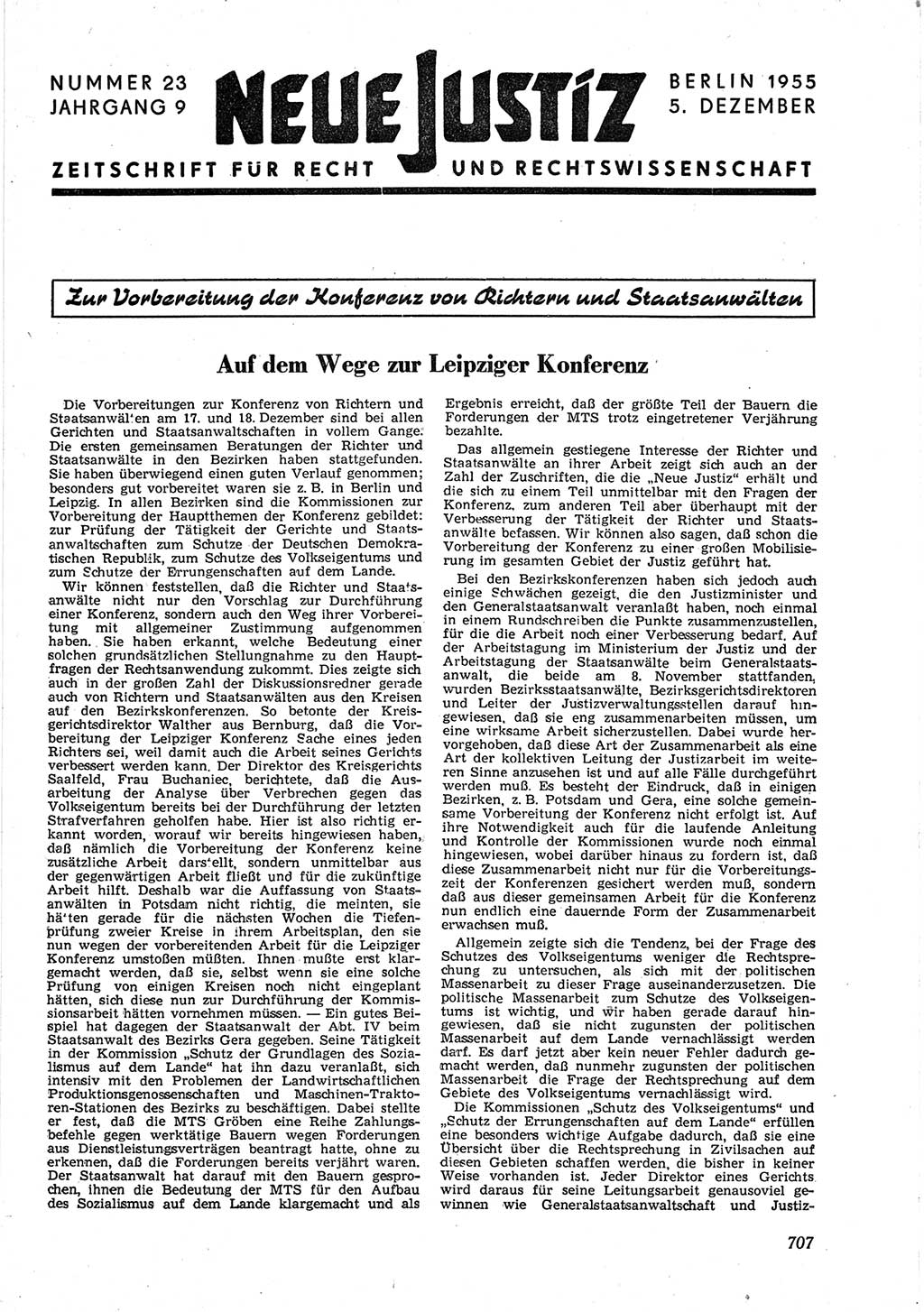 Neue Justiz (NJ), Zeitschrift für Recht und Rechtswissenschaft [Deutsche Demokratische Republik (DDR)], 9. Jahrgang 1955, Seite 707 (NJ DDR 1955, S. 707)