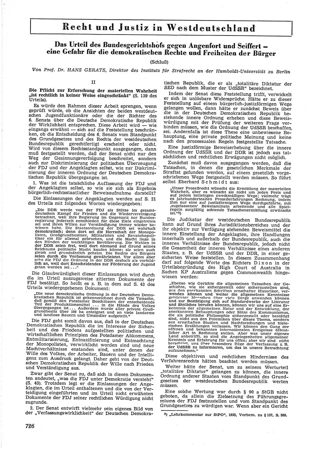 Neue Justiz (NJ), Zeitschrift für Recht und Rechtswissenschaft [Deutsche Demokratische Republik (DDR)], 9. Jahrgang 1955, Seite 726 (NJ DDR 1955, S. 726)