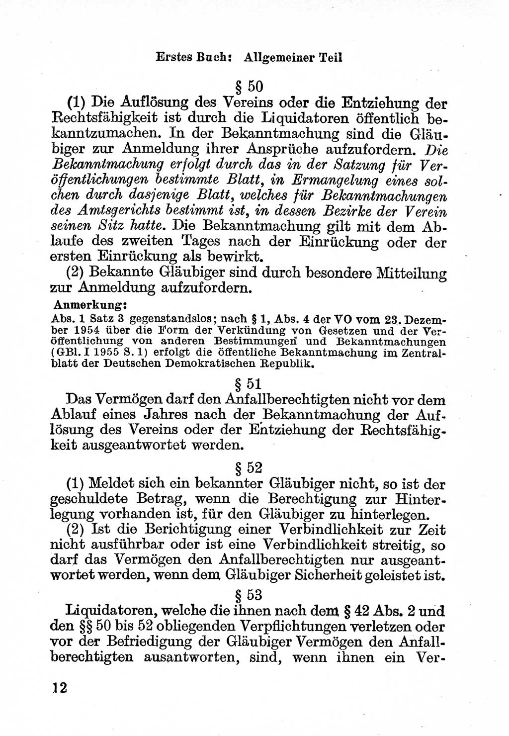 Bürgerliches Gesetzbuch (BGB) nebst wichtigen Nebengesetzen [Deutsche Demokratische Republik (DDR)] 1956, Seite 12 (BGB Nebenges. DDR 1956, S. 12)