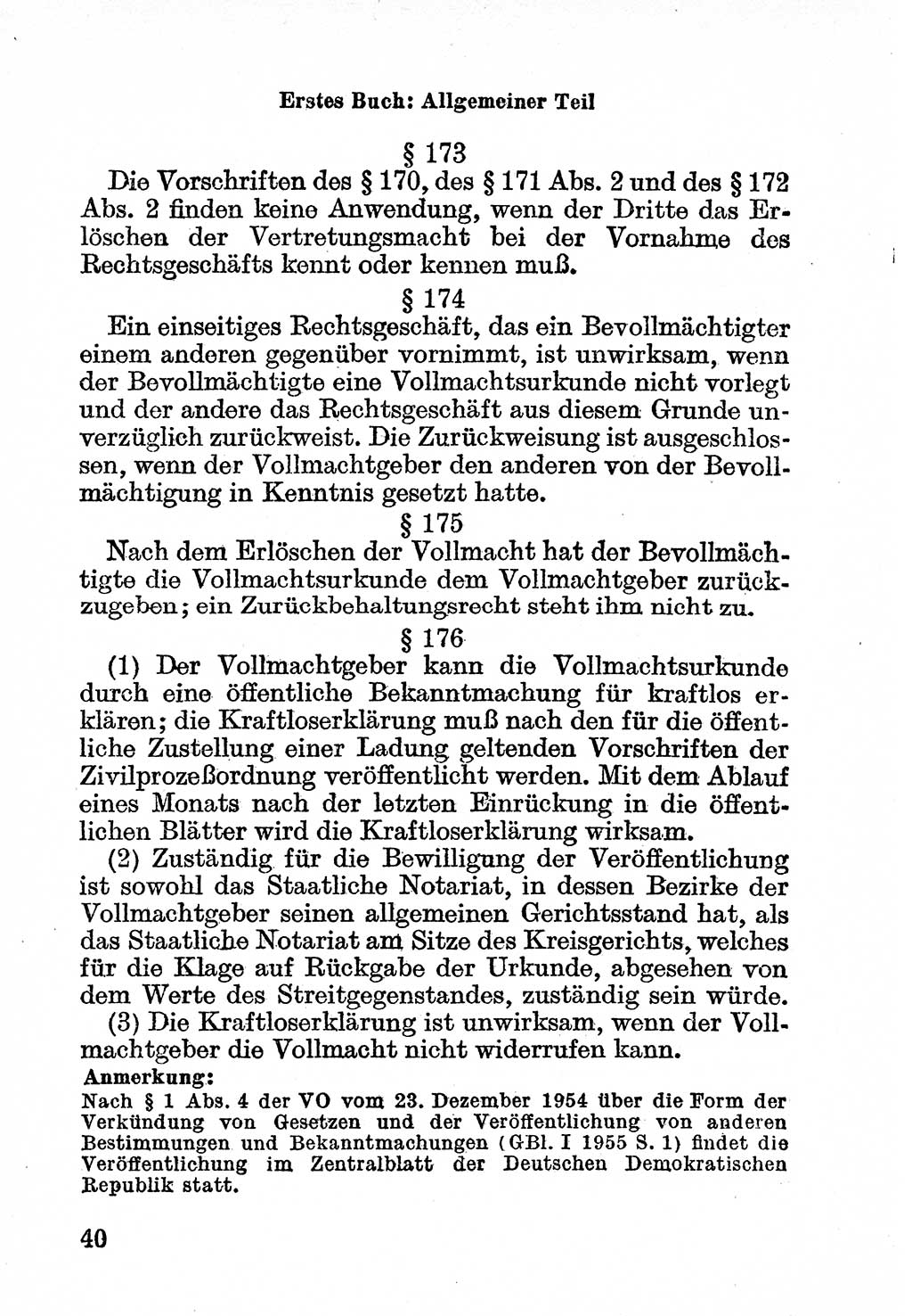 Bürgerliches Gesetzbuch (BGB) nebst wichtigen Nebengesetzen [Deutsche Demokratische Republik (DDR)] 1956, Seite 40 (BGB Nebenges. DDR 1956, S. 40)