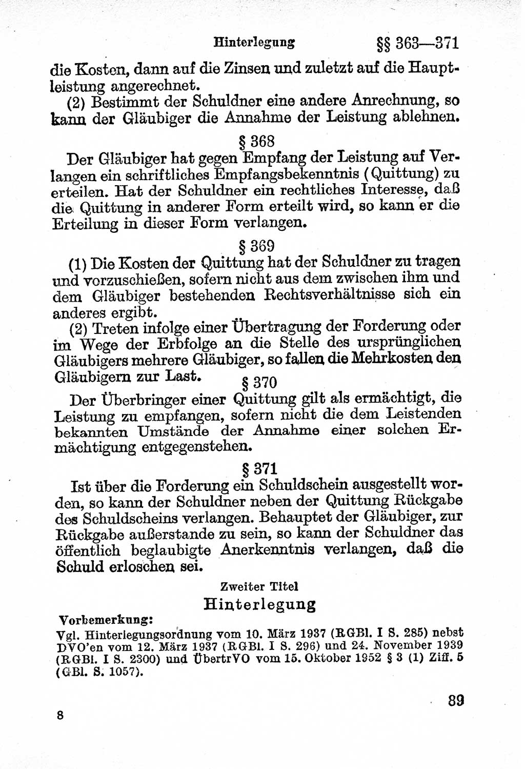 Bürgerliches Gesetzbuch (BGB) nebst wichtigen Nebengesetzen [Deutsche Demokratische Republik (DDR)] 1956, Seite 89 (BGB Nebenges. DDR 1956, S. 89)