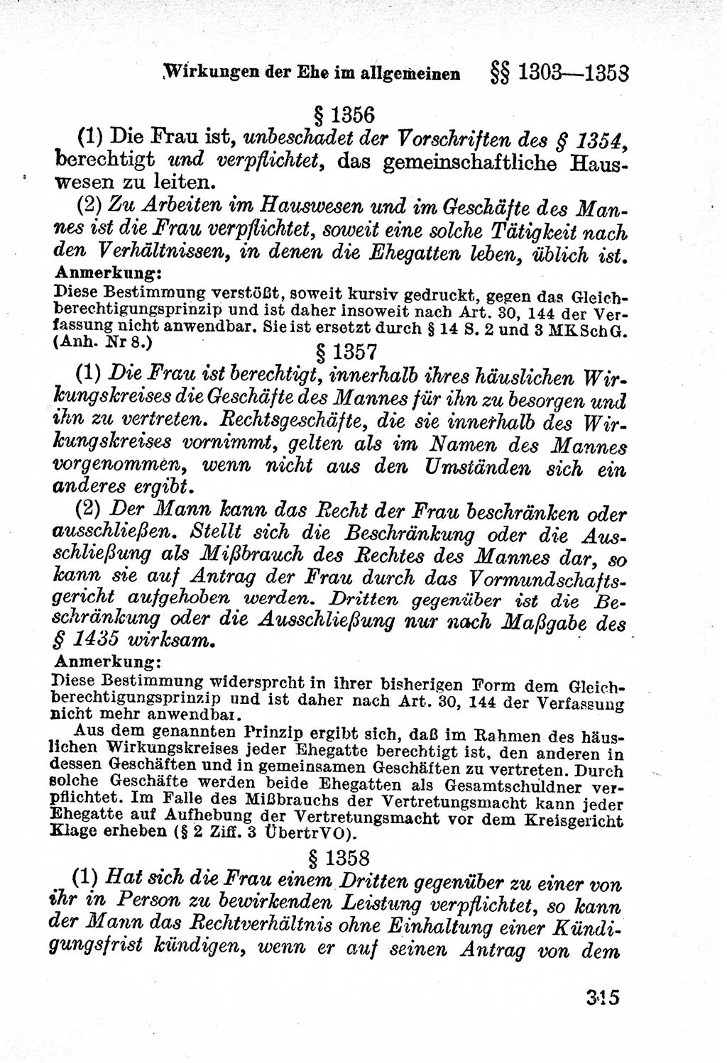 Bürgerliches Gesetzbuch (BGB) nebst wichtigen Nebengesetzen [Deutsche Demokratische Republik (DDR)] 1956, Seite 315 (BGB Nebenges. DDR 1956, S. 315)