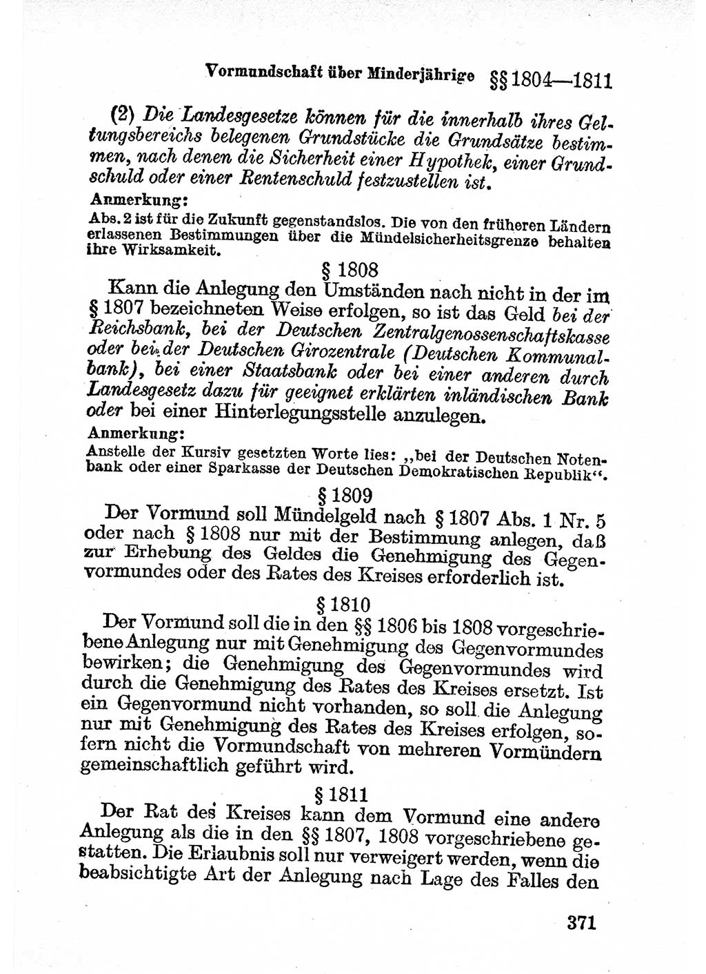 Bürgerliches Gesetzbuch (BGB) nebst wichtigen Nebengesetzen [Deutsche Demokratische Republik (DDR)] 1956, Seite 371 (BGB Nebenges. DDR 1956, S. 371)