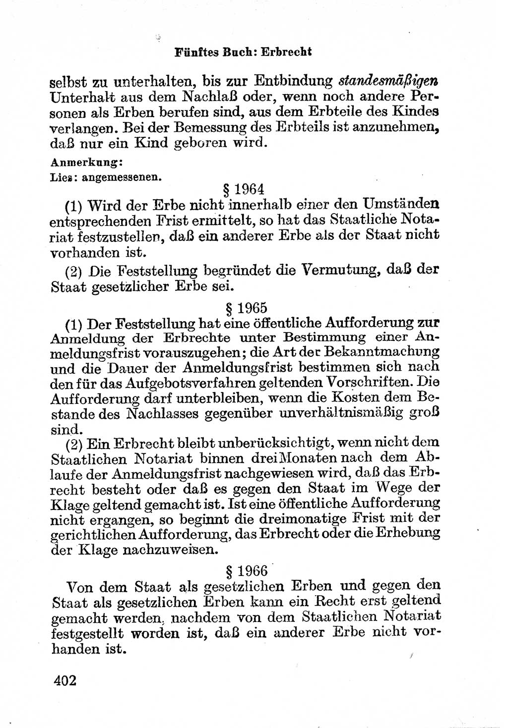 Bürgerliches Gesetzbuch (BGB) nebst wichtigen Nebengesetzen [Deutsche Demokratische Republik (DDR)] 1956, Seite 402 (BGB Nebenges. DDR 1956, S. 402)