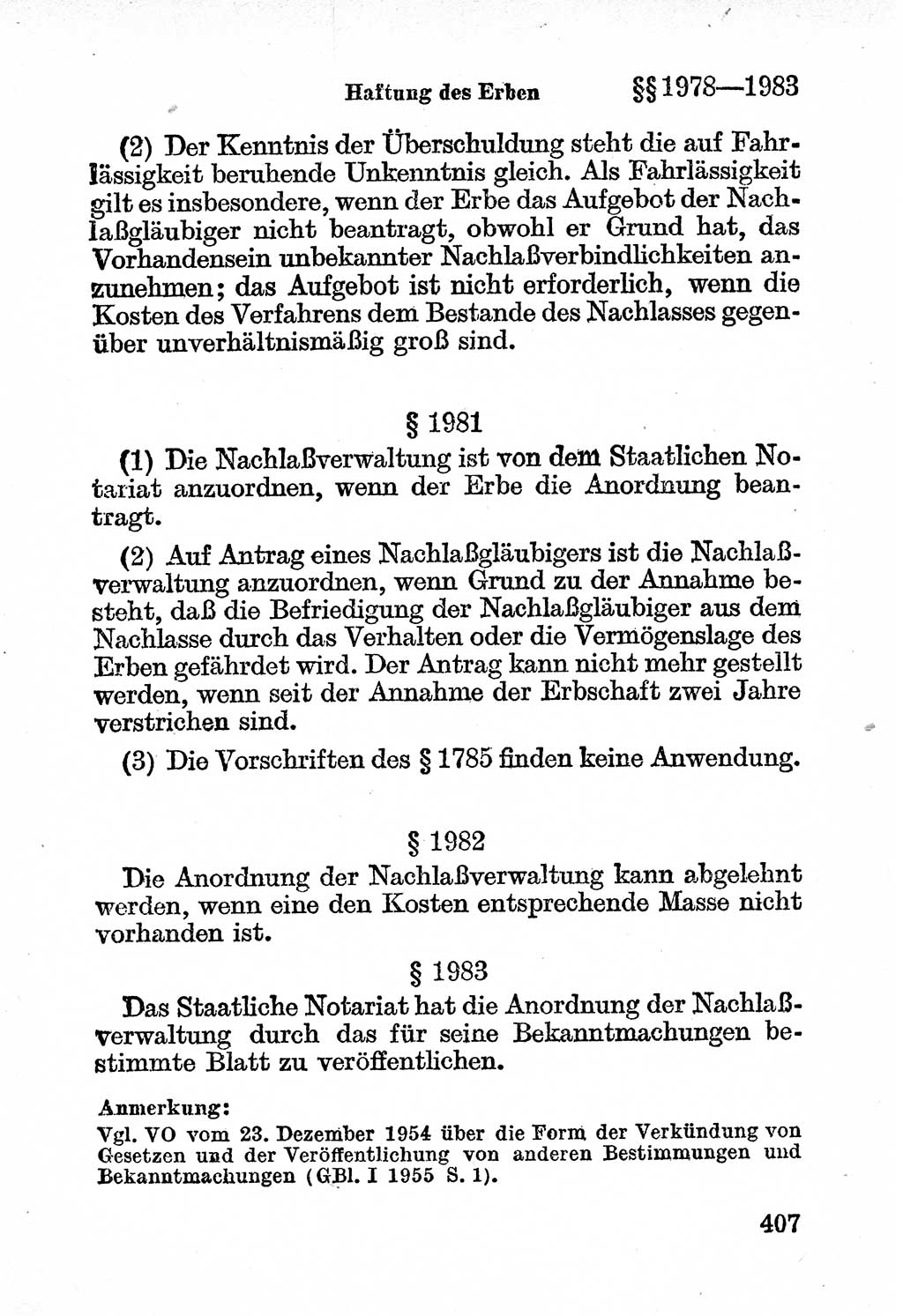 Bürgerliches Gesetzbuch (BGB) nebst wichtigen Nebengesetzen [Deutsche Demokratische Republik (DDR)] 1956, Seite 407 (BGB Nebenges. DDR 1956, S. 407)