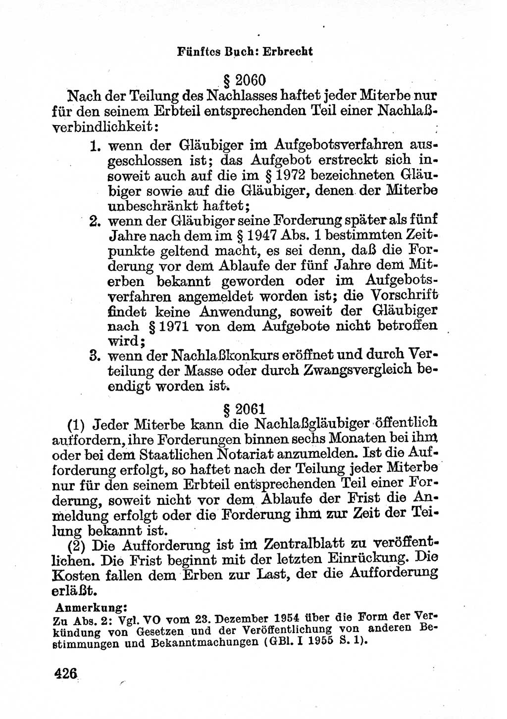 Bürgerliches Gesetzbuch (BGB) nebst wichtigen Nebengesetzen [Deutsche Demokratische Republik (DDR)] 1956, Seite 426 (BGB Nebenges. DDR 1956, S. 426)