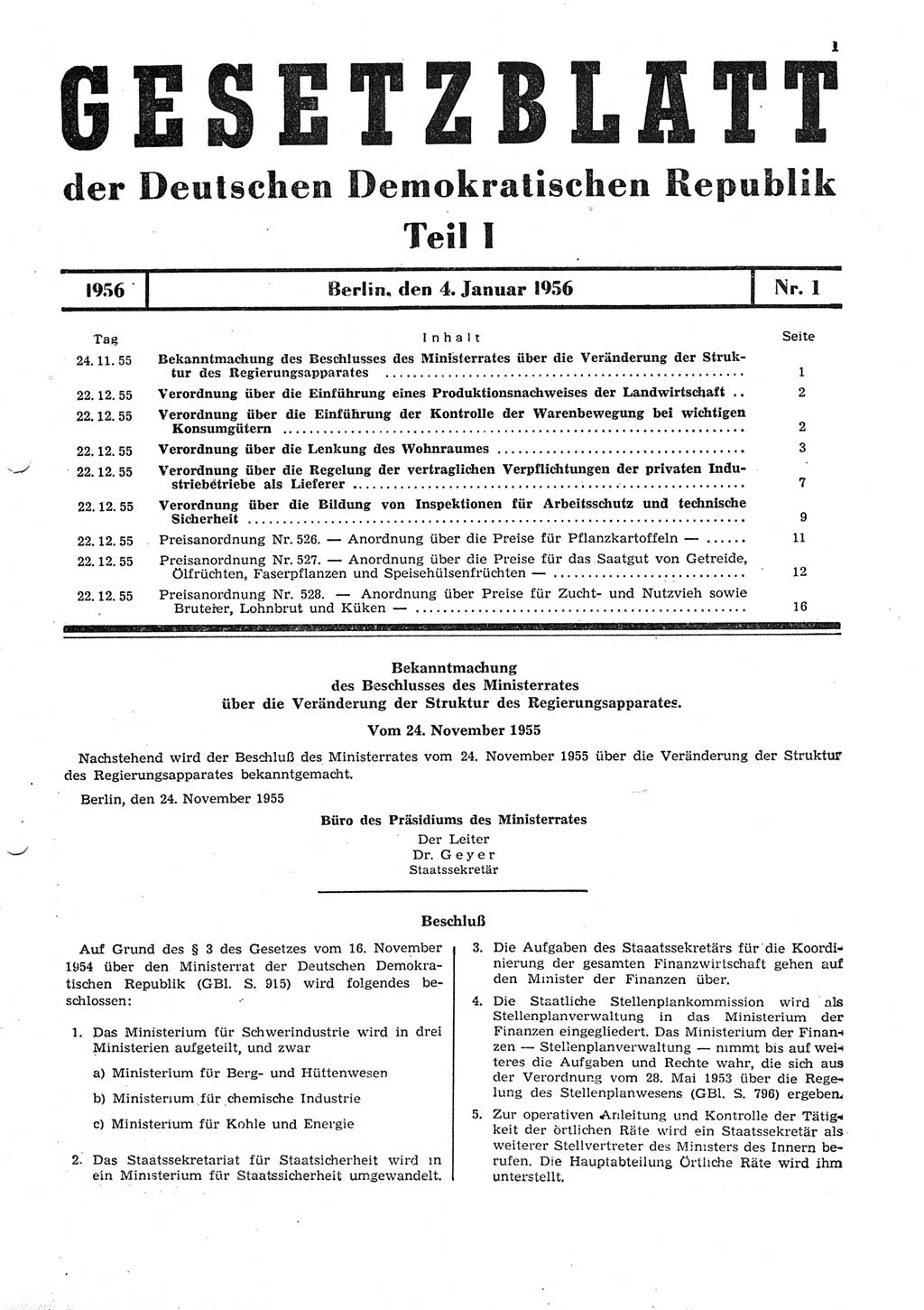Gesetzblatt (GBl.) der Deutschen Demokratischen Republik (DDR) Teil Ⅰ 1956, Seite 1 (GBl. DDR Ⅰ 1956, S. 1)