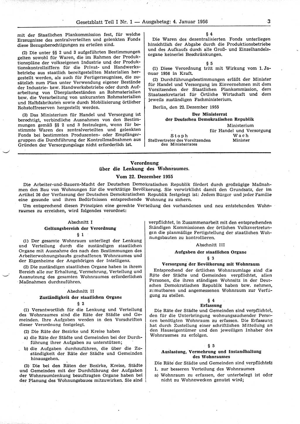 Gesetzblatt (GBl.) der Deutschen Demokratischen Republik (DDR) Teil Ⅰ 1956, Seite 3 (GBl. DDR Ⅰ 1956, S. 3)