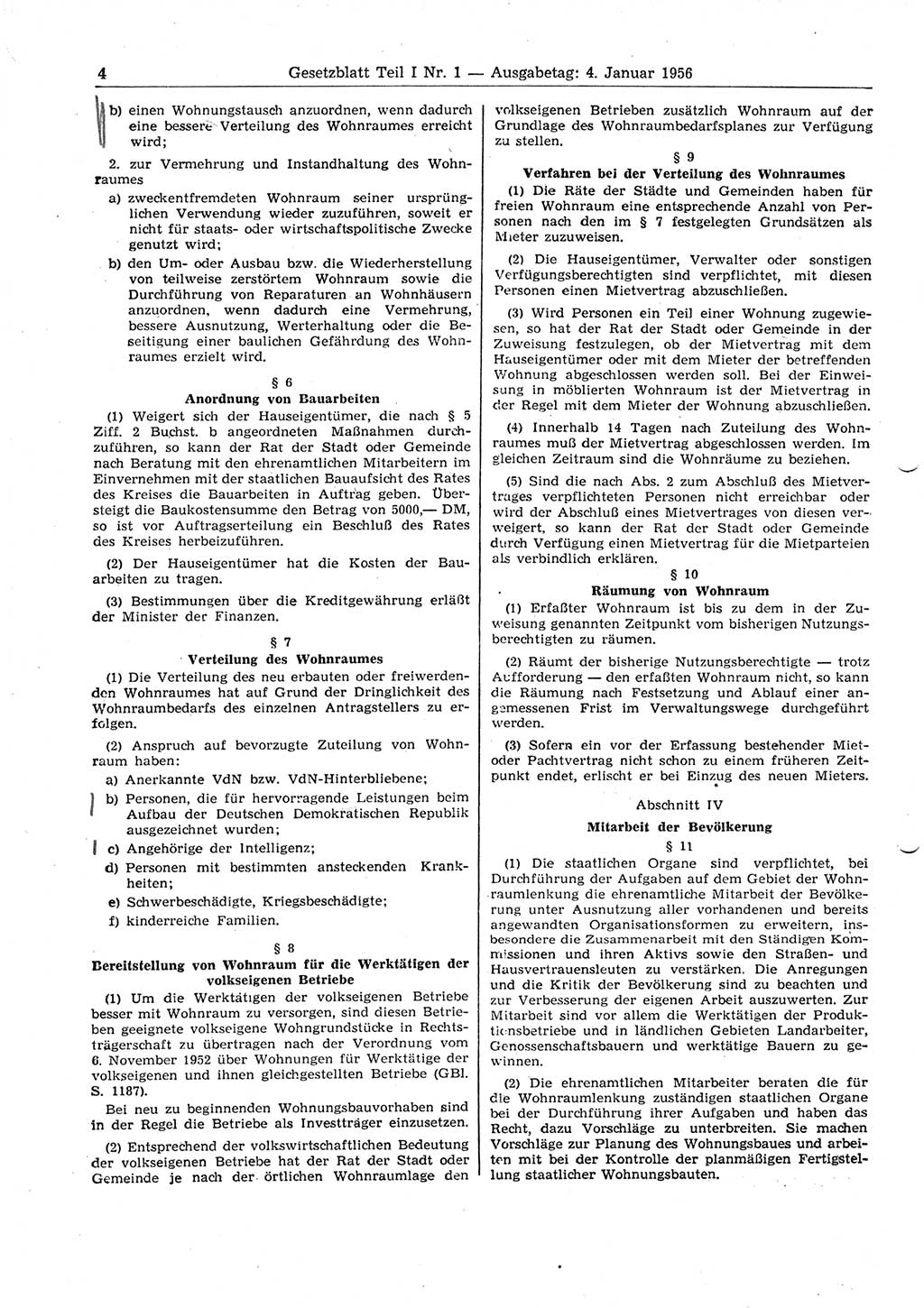 Gesetzblatt (GBl.) der Deutschen Demokratischen Republik (DDR) Teil Ⅰ 1956, Seite 4 (GBl. DDR Ⅰ 1956, S. 4)