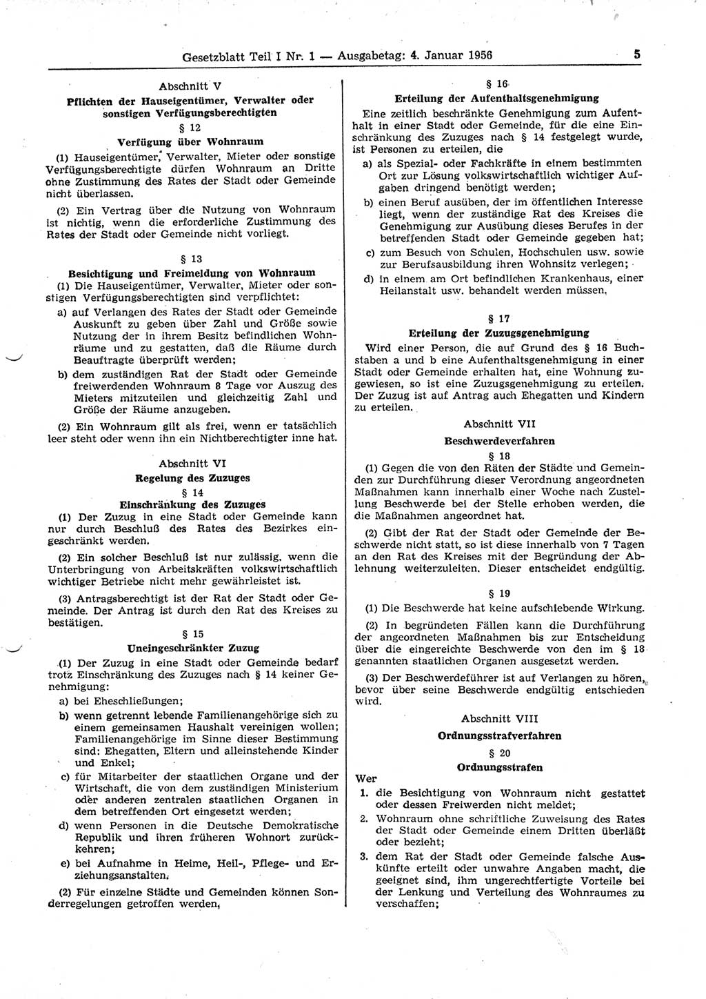 Gesetzblatt (GBl.) der Deutschen Demokratischen Republik (DDR) Teil Ⅰ 1956, Seite 5 (GBl. DDR Ⅰ 1956, S. 5)