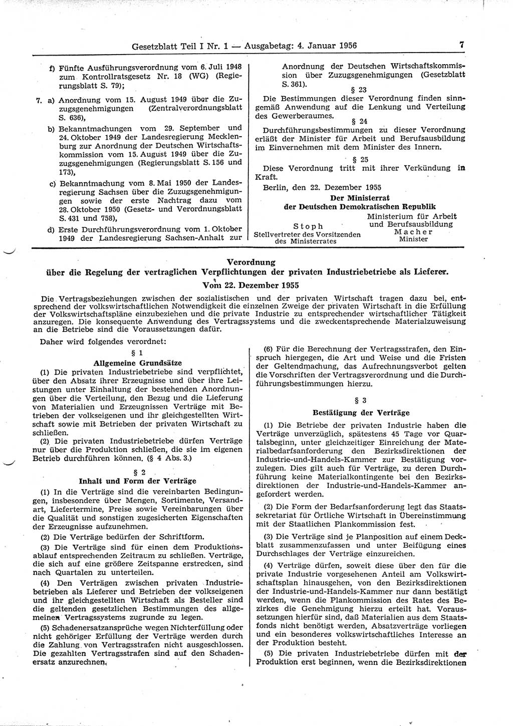 Gesetzblatt (GBl.) der Deutschen Demokratischen Republik (DDR) Teil Ⅰ 1956, Seite 7 (GBl. DDR Ⅰ 1956, S. 7)