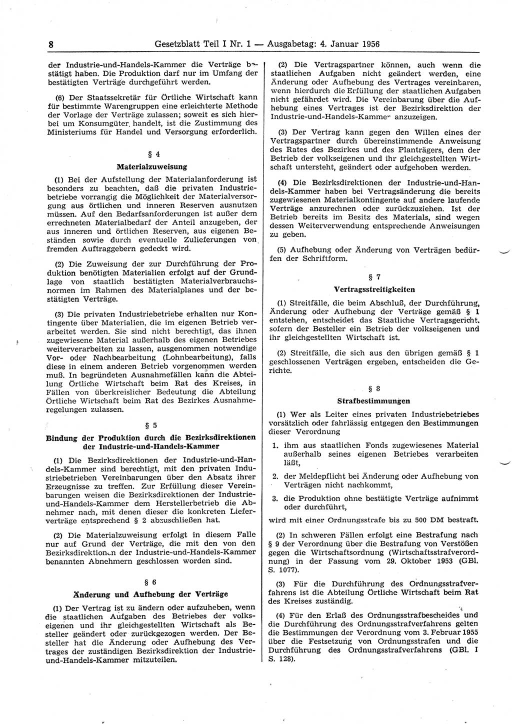 Gesetzblatt (GBl.) der Deutschen Demokratischen Republik (DDR) Teil Ⅰ 1956, Seite 8 (GBl. DDR Ⅰ 1956, S. 8)