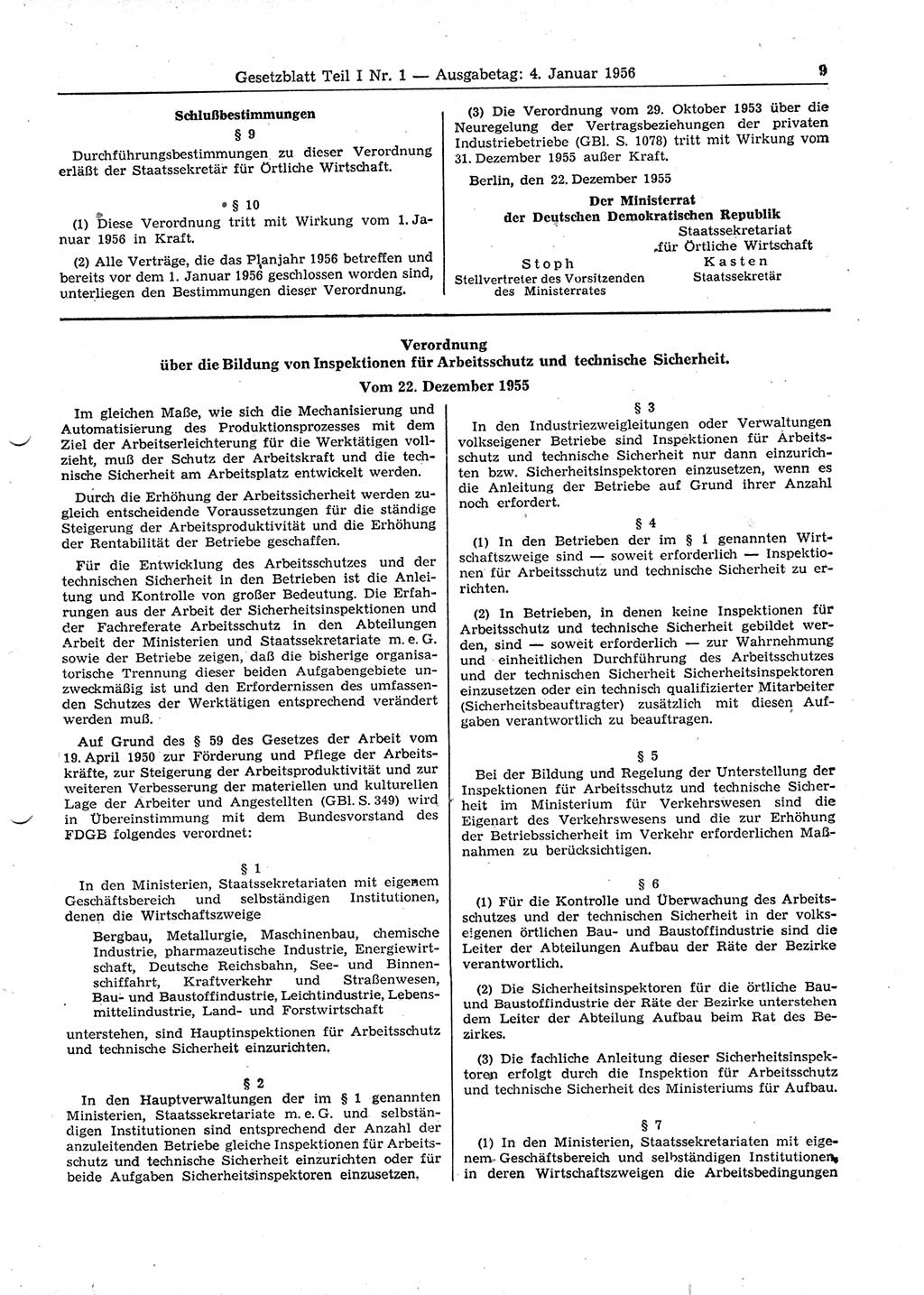 Gesetzblatt (GBl.) der Deutschen Demokratischen Republik (DDR) Teil Ⅰ 1956, Seite 9 (GBl. DDR Ⅰ 1956, S. 9)