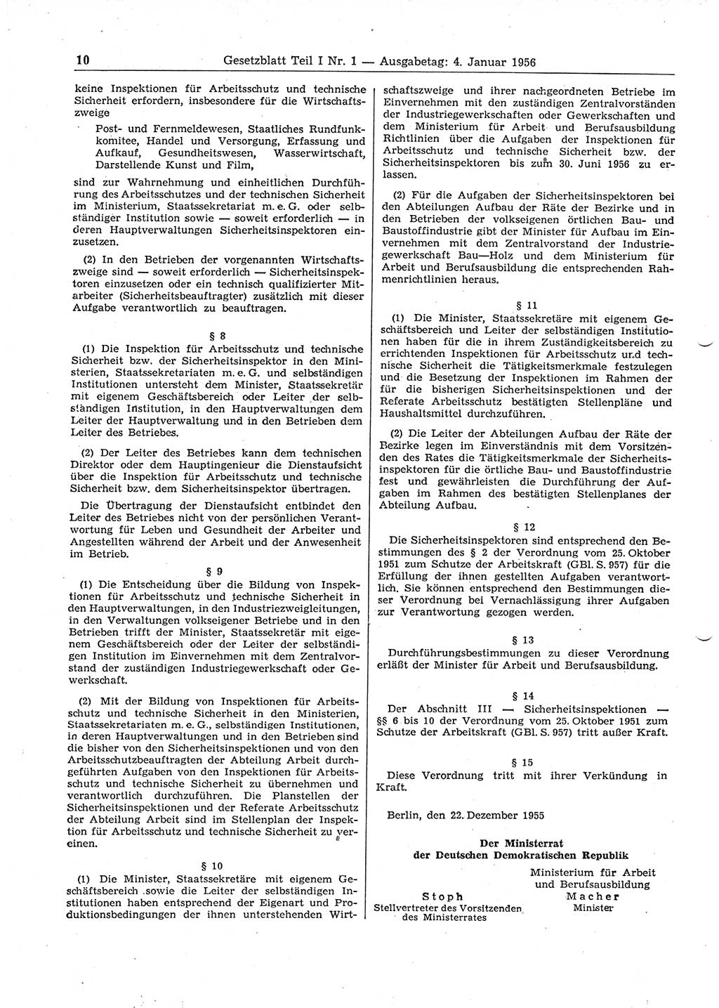 Gesetzblatt (GBl.) der Deutschen Demokratischen Republik (DDR) Teil Ⅰ 1956, Seite 10 (GBl. DDR Ⅰ 1956, S. 10)