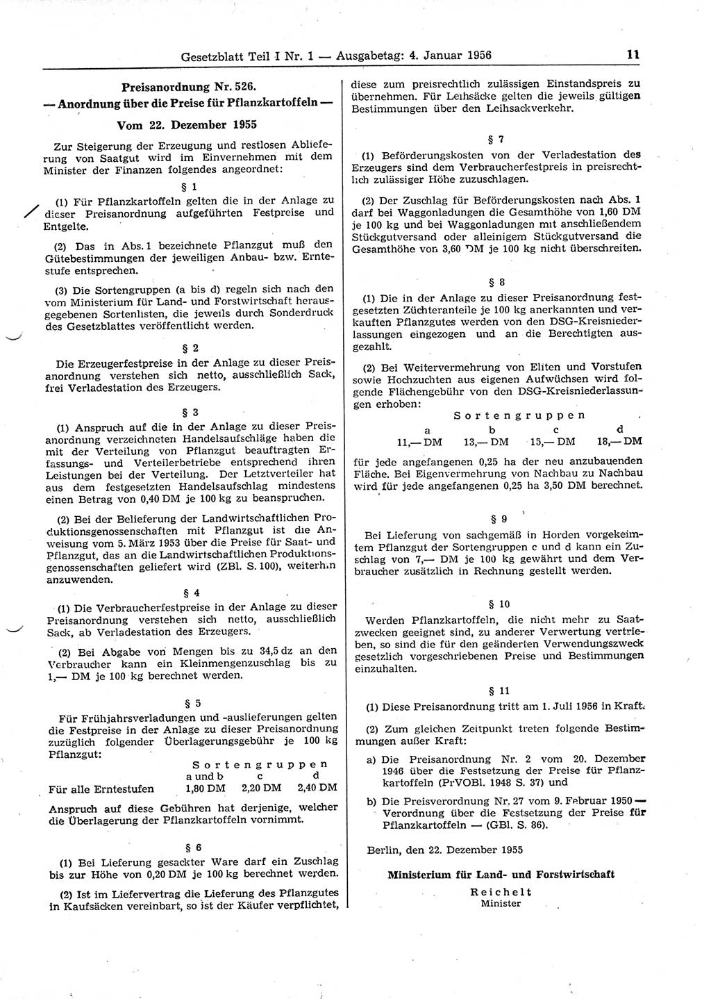 Gesetzblatt (GBl.) der Deutschen Demokratischen Republik (DDR) Teil Ⅰ 1956, Seite 11 (GBl. DDR Ⅰ 1956, S. 11)