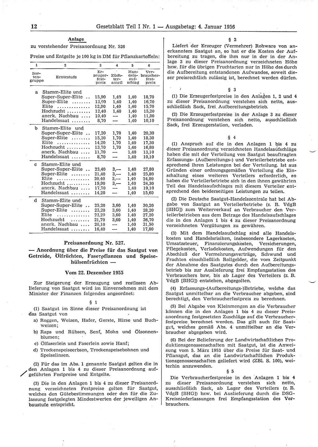 Gesetzblatt (GBl.) der Deutschen Demokratischen Republik (DDR) Teil Ⅰ 1956, Seite 12 (GBl. DDR Ⅰ 1956, S. 12)