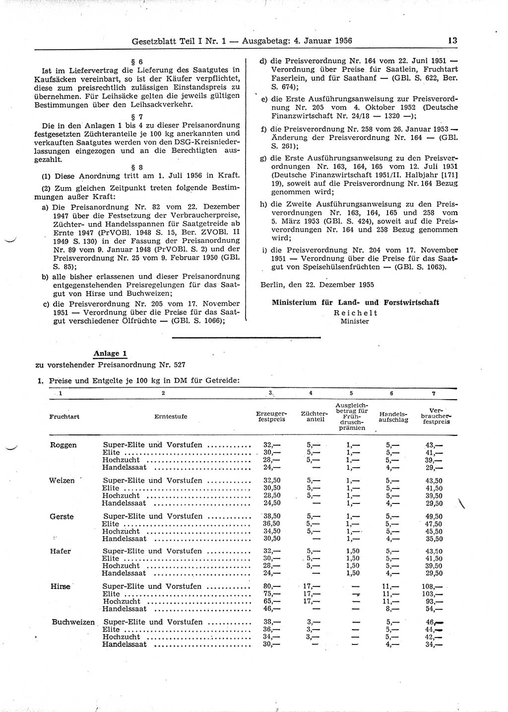 Gesetzblatt (GBl.) der Deutschen Demokratischen Republik (DDR) Teil Ⅰ 1956, Seite 13 (GBl. DDR Ⅰ 1956, S. 13)