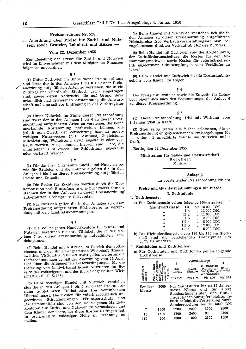 Gesetzblatt (GBl.) der Deutschen Demokratischen Republik (DDR) Teil Ⅰ 1956, Seite 16 (GBl. DDR Ⅰ 1956, S. 16)