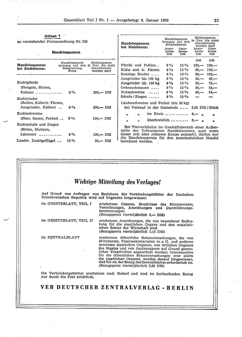 Gesetzblatt (GBl.) der Deutschen Demokratischen Republik (DDR) Teil Ⅰ 1956, Seite 23 (GBl. DDR Ⅰ 1956, S. 23)