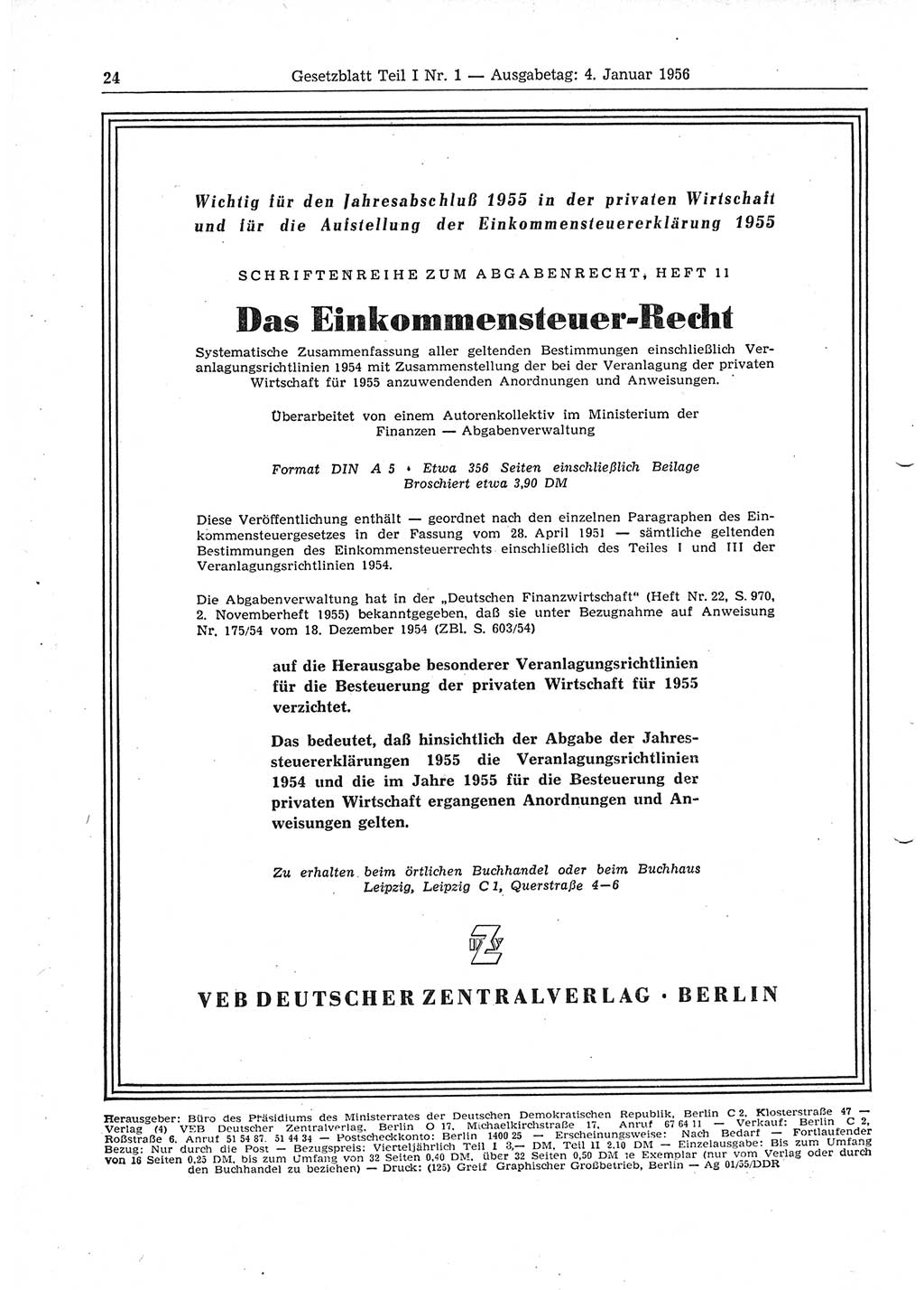 Gesetzblatt (GBl.) der Deutschen Demokratischen Republik (DDR) Teil Ⅰ 1956, Seite 24 (GBl. DDR Ⅰ 1956, S. 24)